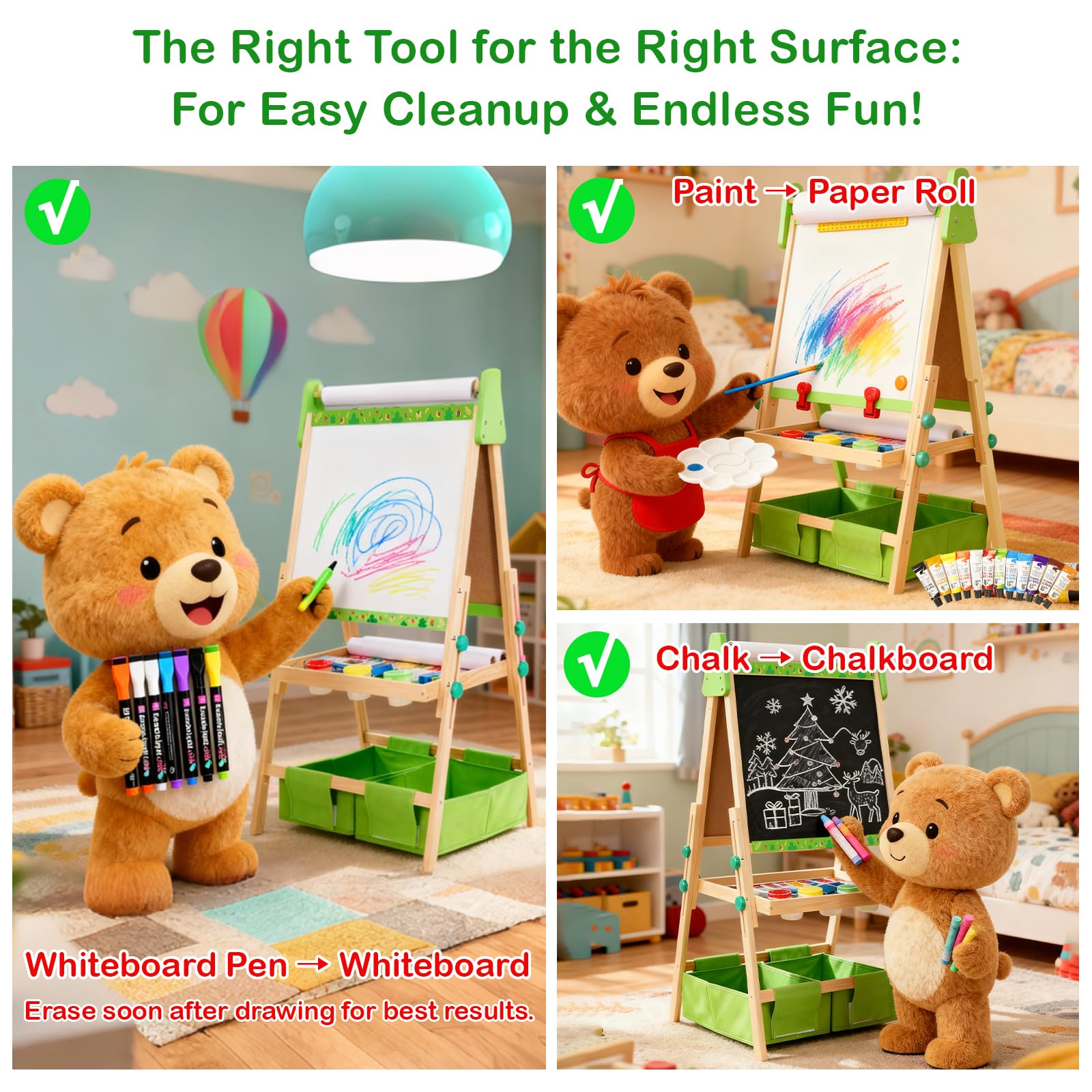 Adjustable Wooden Art Easel for Kids with Magnetic Whiteboard and Chalkboard