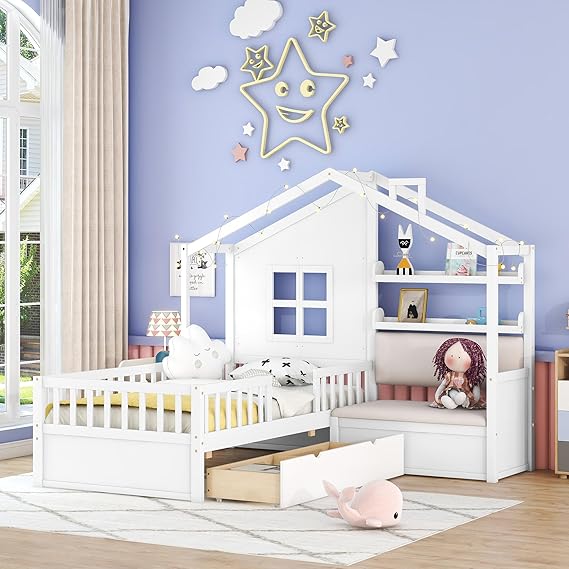 Kids Twin House Bed Frame with Upholstered Sofa and 2 Drawers
