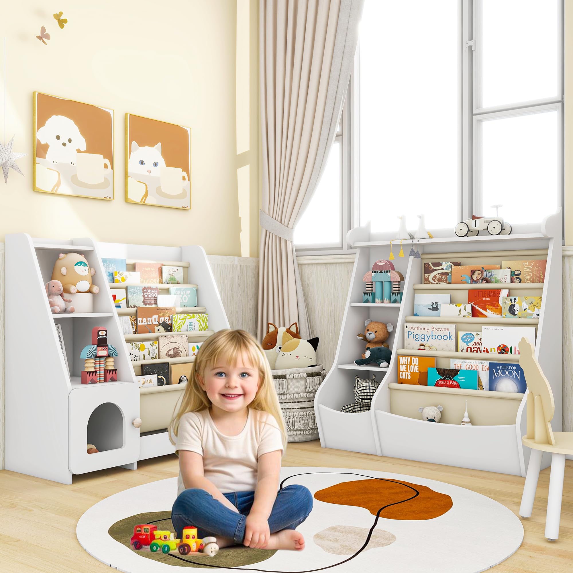 Kids Bookshelf Montessori, 4 Sling Baby Bookcase, 4 Tier Display Shelves