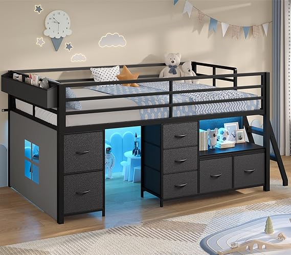 ADORNE Low Loft Bed Twin Size with 7 Storage Drawers