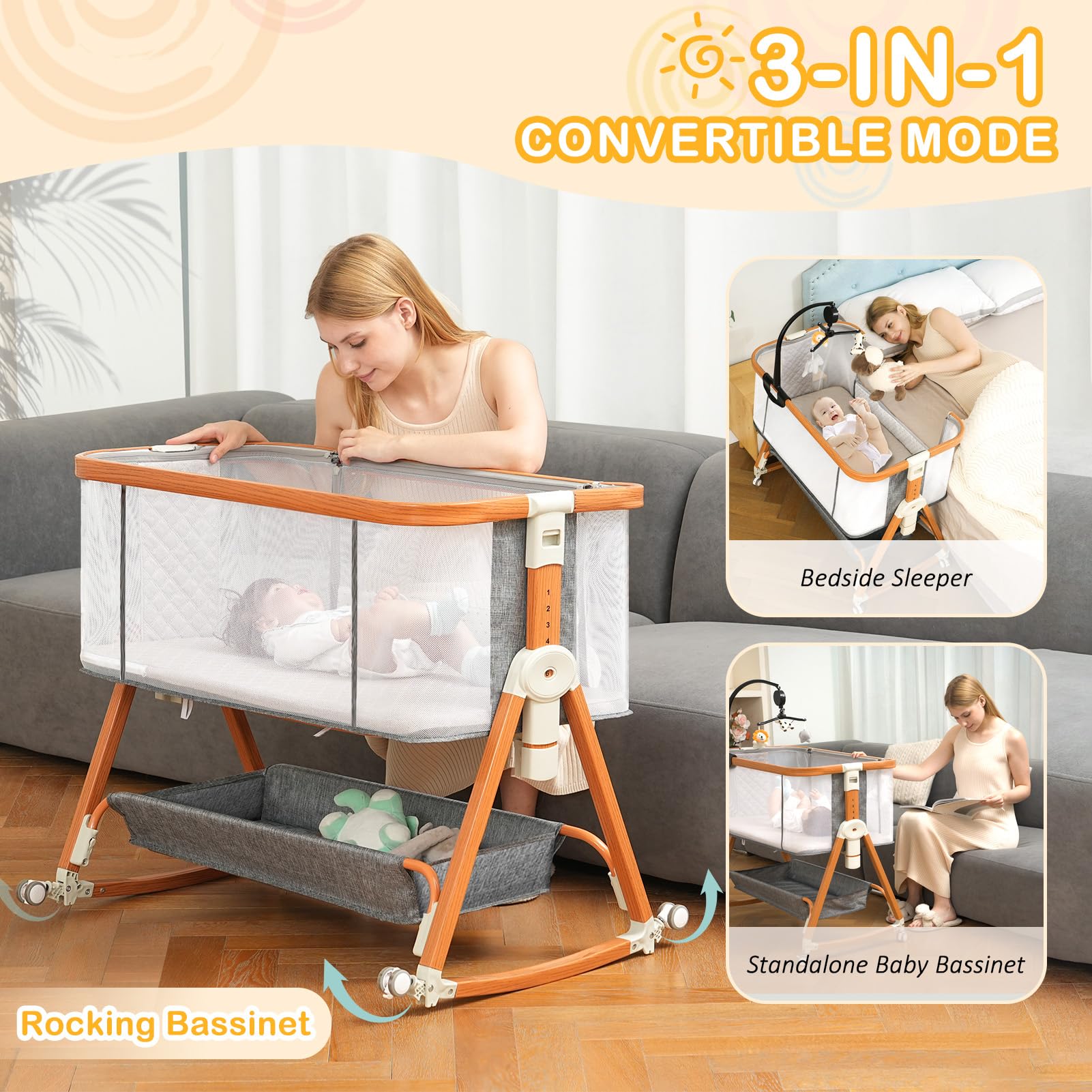 Adjustable Bedside Bassinet with Musical Toys