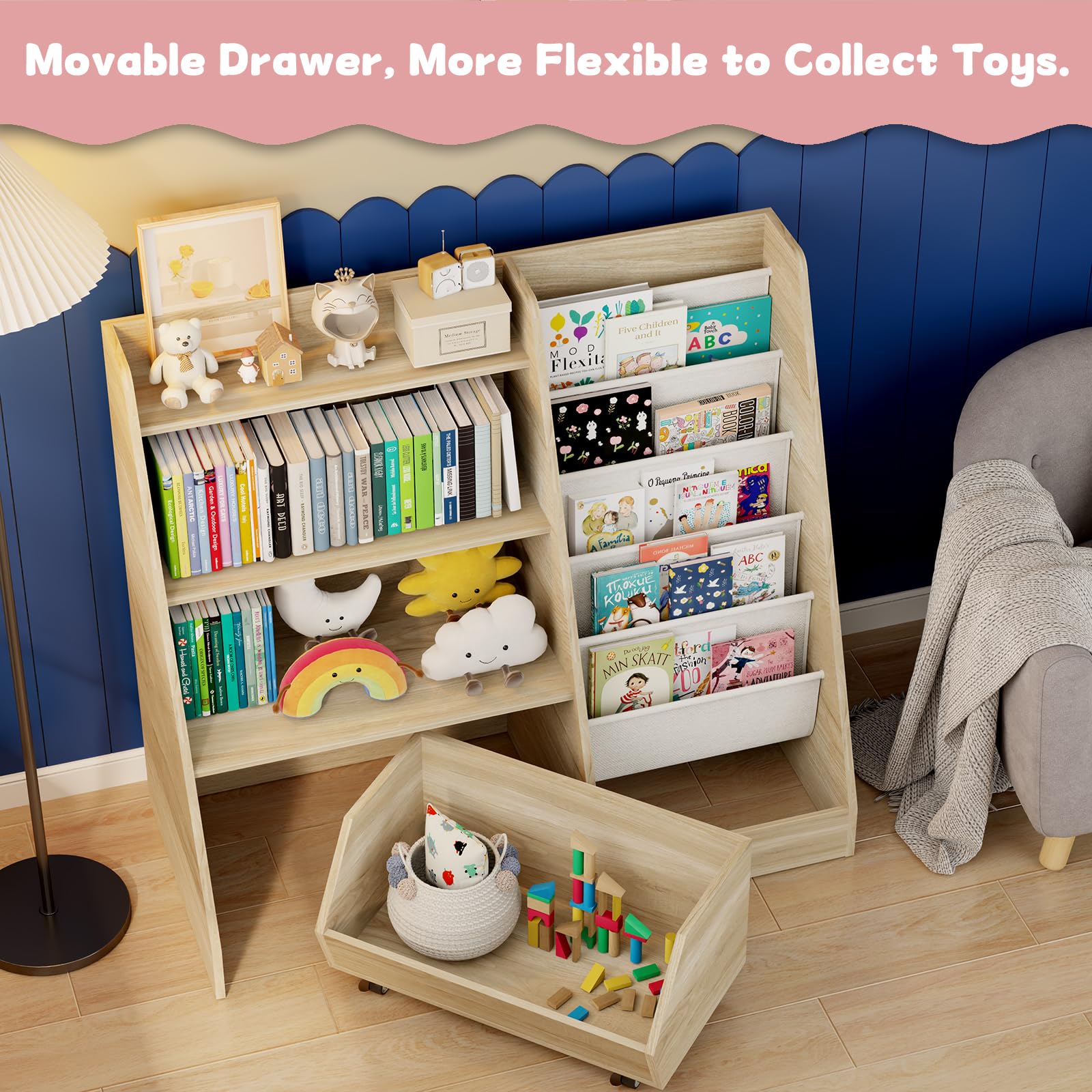 Kids Bookshelf and Toy Storage with Movable Drawer