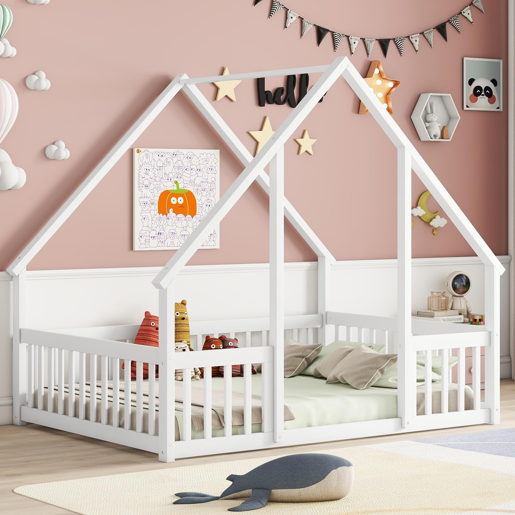 Full Floor Bed for Kids, Girls, Boys, Wood House Bed Frame
