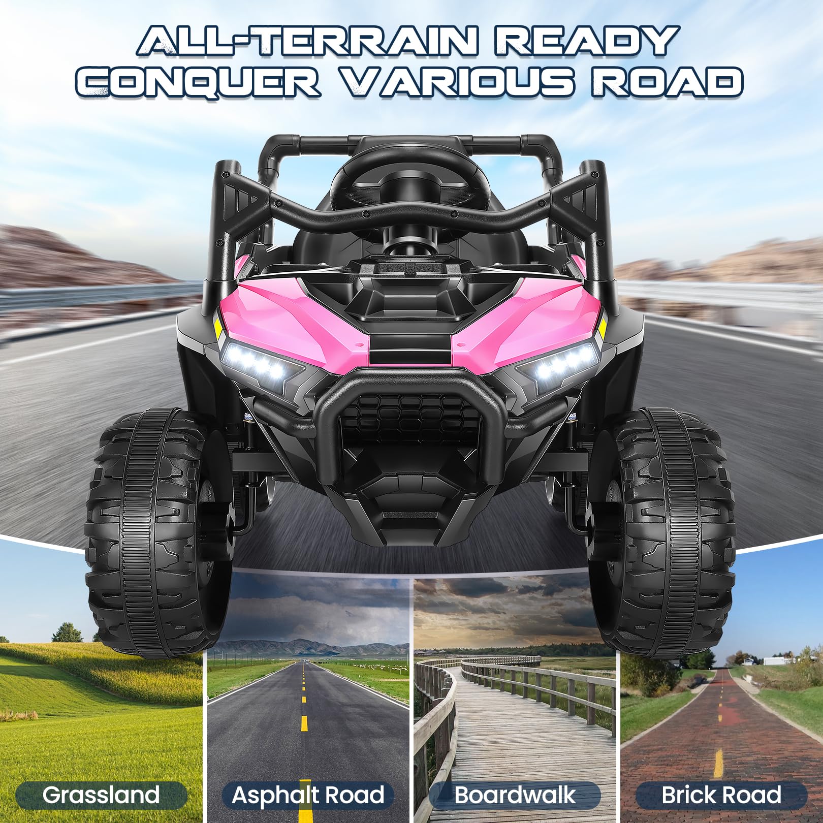 Hikole 24V Ride On Toys for Big Kids UTV, 24 Volt Car Power Wheels Parent Remote for Boy Girls, 2WD/200W*2 Gift, Spacious Seats, 3 Speeds, Soft Start Shock, Bluetooth, Led Lights, Safety Belt, Pink