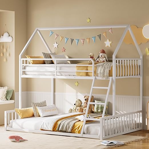 Bunk Bed Twin Over Full Size, House Bunk Bed Frame with Ladder and Guardrail