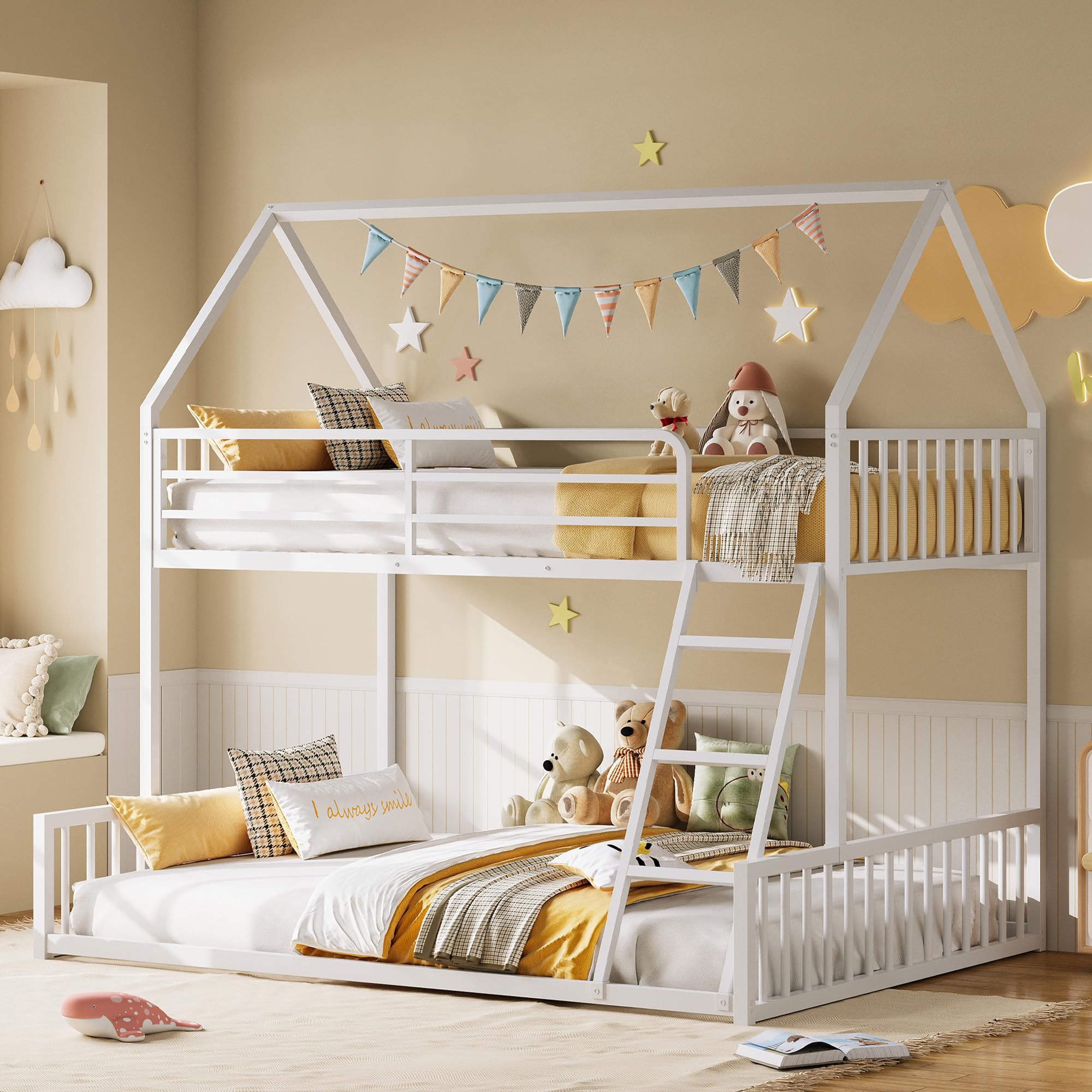 Twin Over Full House Bunk Bed with Ladder and Guardrail