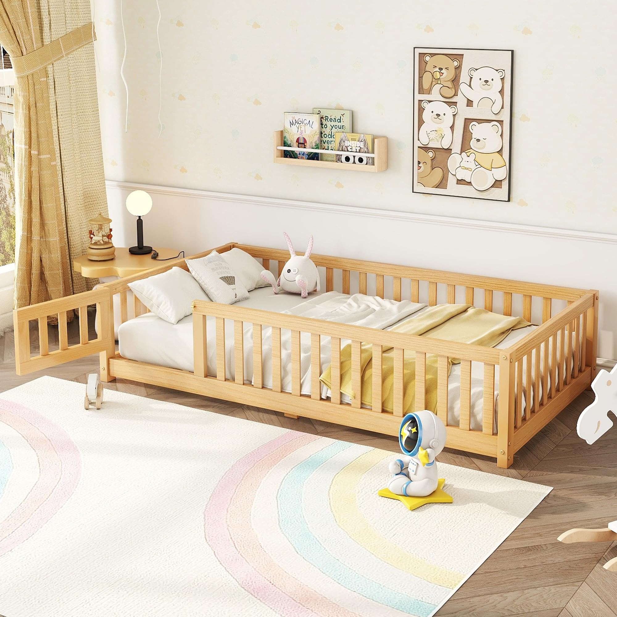 Twin Floor Bed with Slats and Door, Twin Size Montessori Floor Bed with Fence