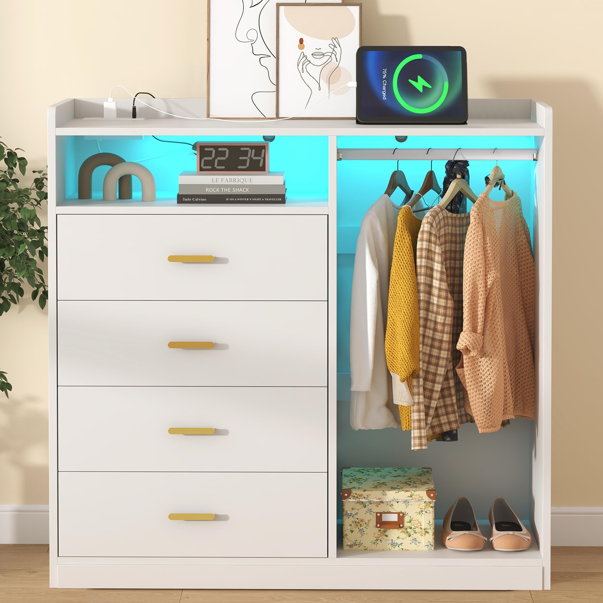 4 Drawer Dresser with Clothes Rack LED Lights and Charging Station