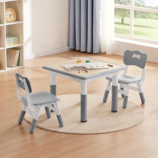 Kids Study Table and Chairs Set, Height Adjustable Toddler Table and Chair