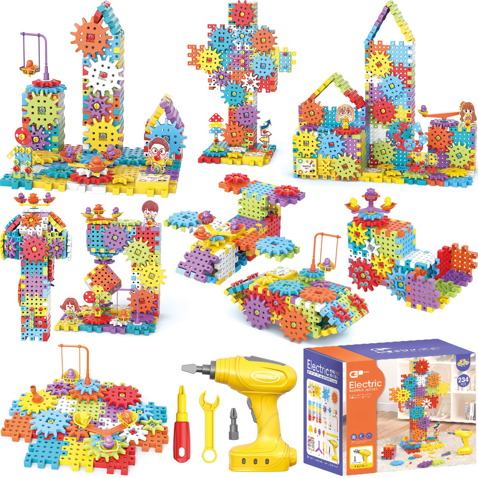 Montessori Electric Gear Building Blocks Toys, Kids Tool Set - 234 Pcs Design