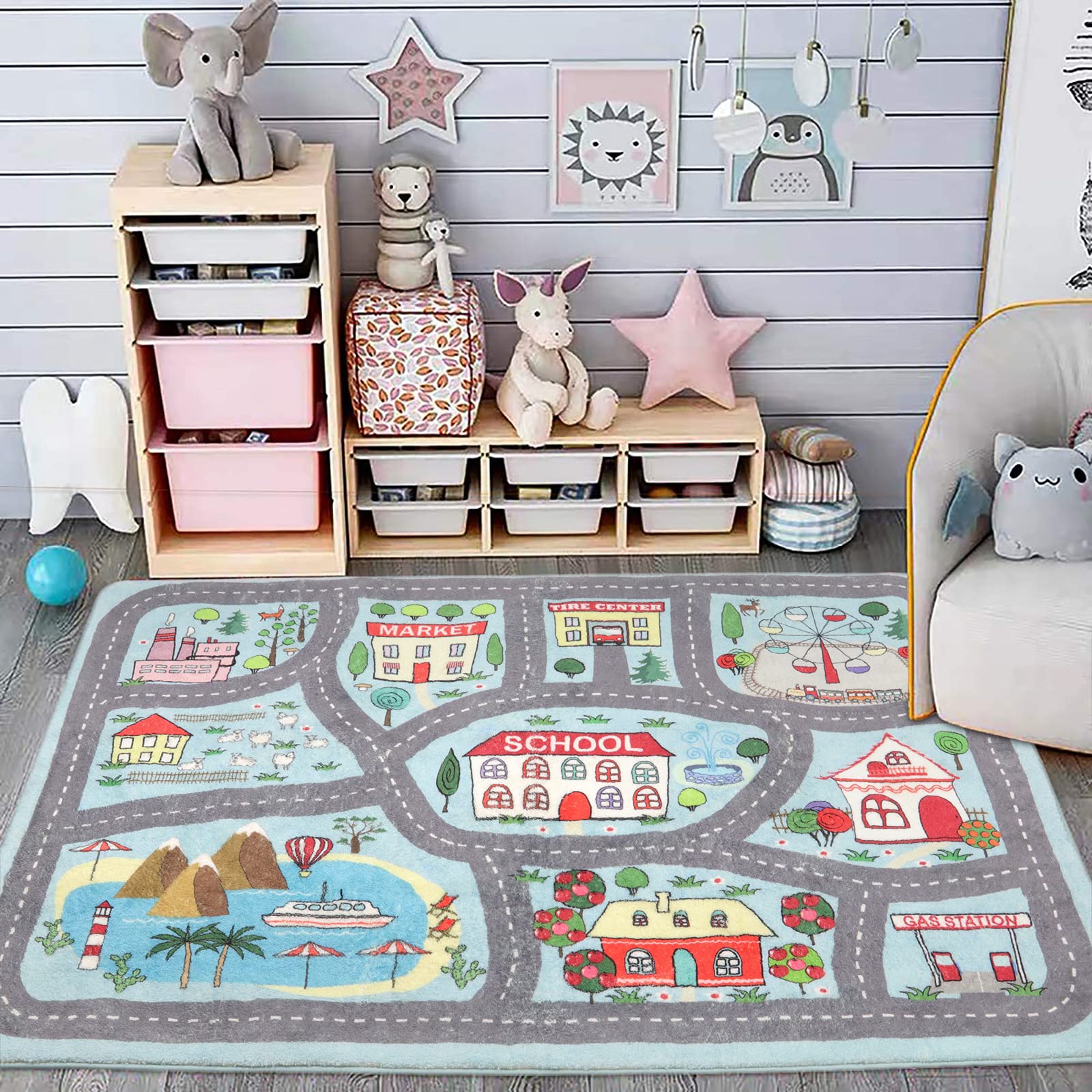 Extra Large Kids Playroom Rug Play Carpet 4’ x 6’, Blue Educational Children’s Play Mat