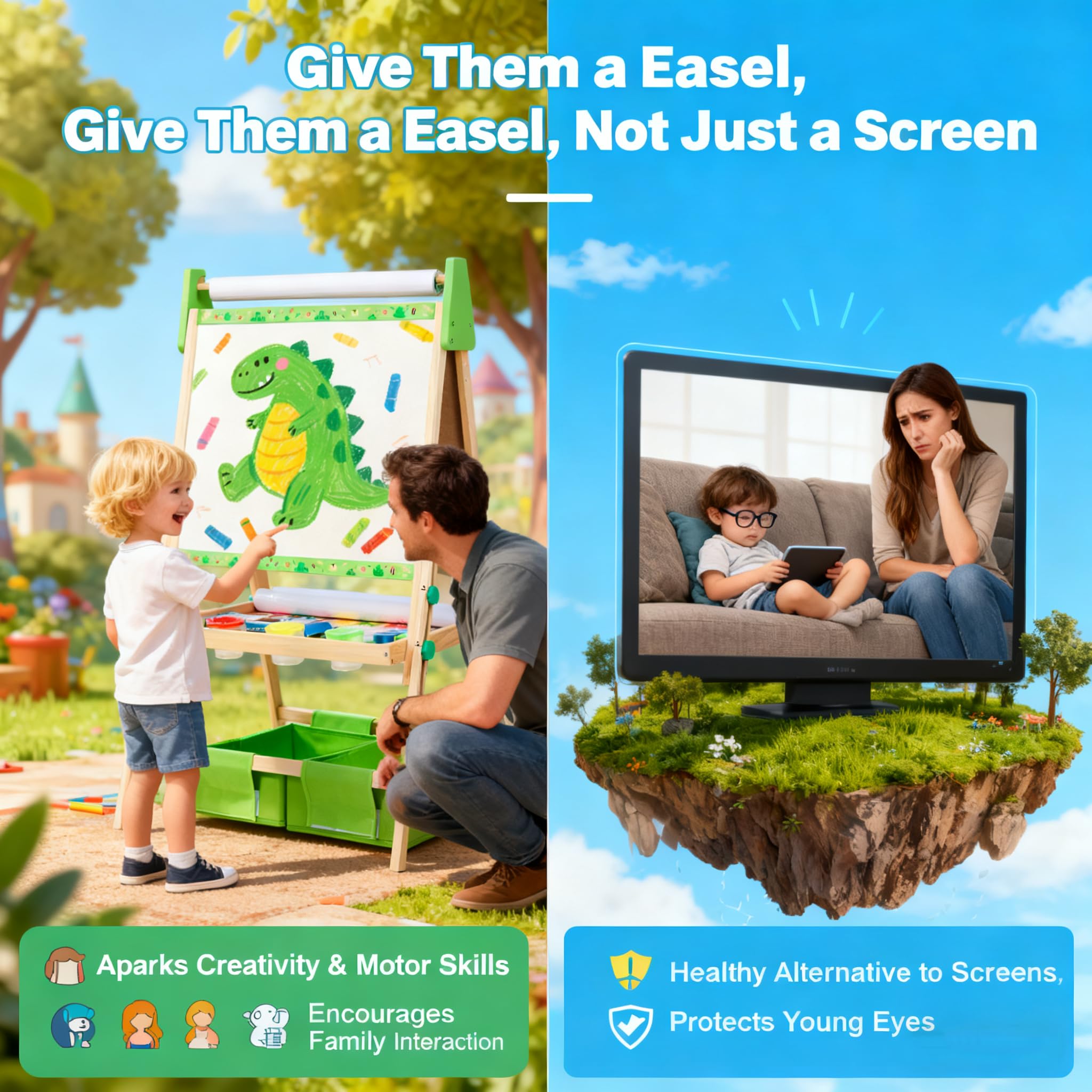 Adjustable Wooden Art Easel for Kids with Magnetic Whiteboard and Chalkboard