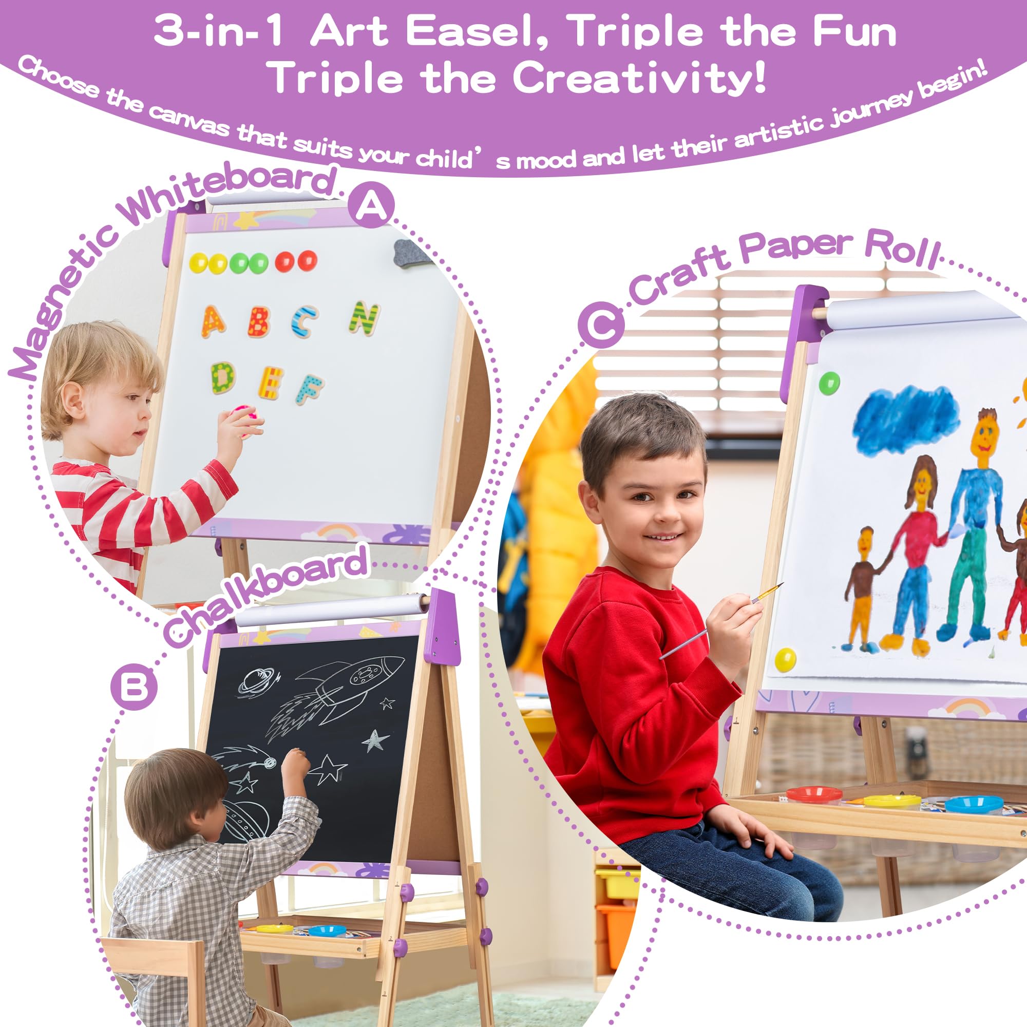 Kids Art Easel 3-in-1 Adjustable Wooden Magnetic