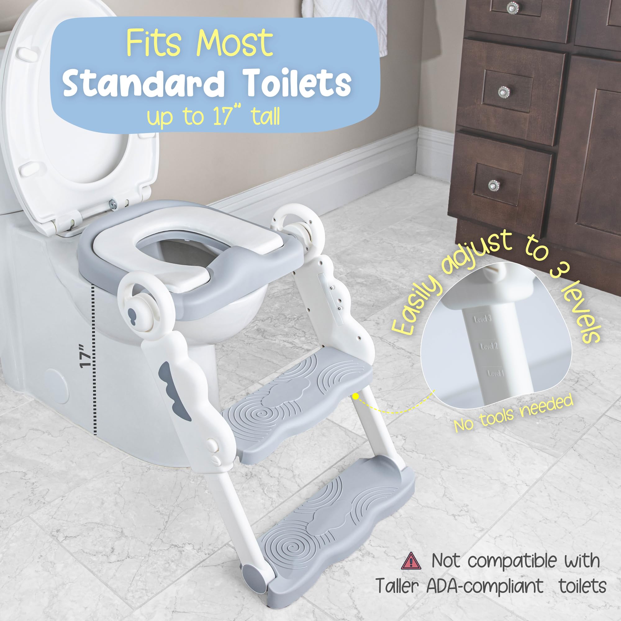 bebeleh Musical & Sound Toddler Potty Training Seat w/Step Stool Ladder - Collapsible & Adjustable Toilet, Pre Assembled Toddler Toilet Seat w/Music & Sounds - Splash Guard & Anti-Slip Steps - Gray