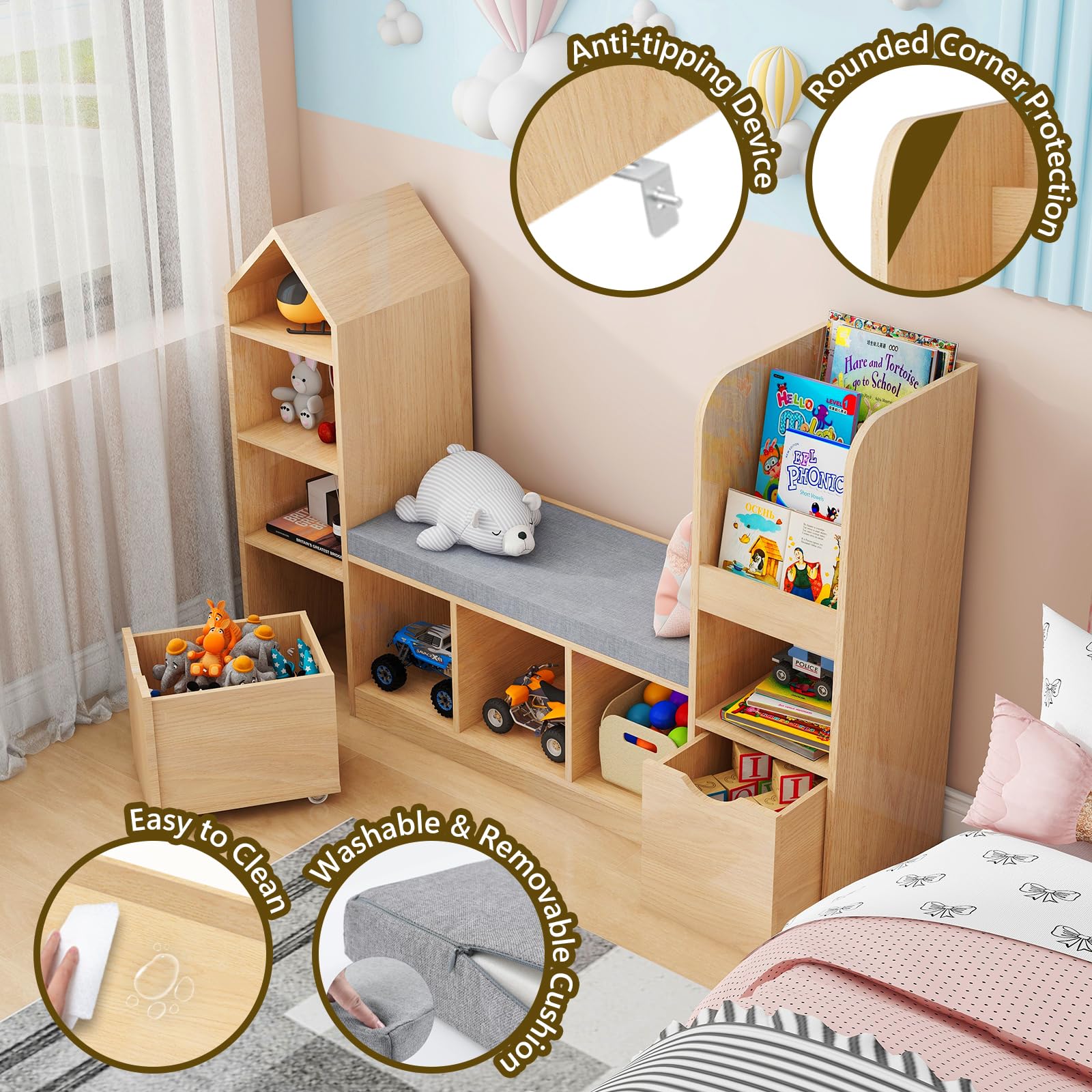 Kids Bookcase with Reading Nook and Toy Storage Organizer