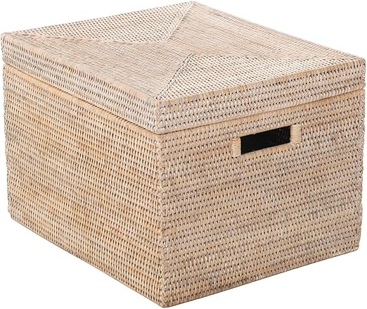 La Jolla Rattan Box Basket - Wicker Storage Basket with Lid, Decorative