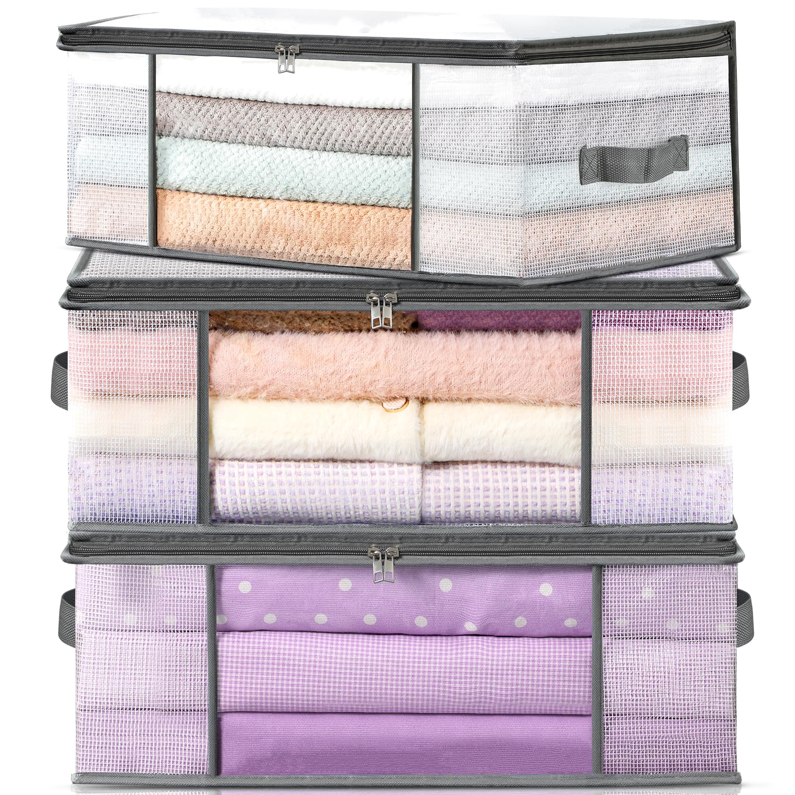 3-Pack Clothes Storage Bags, Plastic Foldable Blanket Storage bins