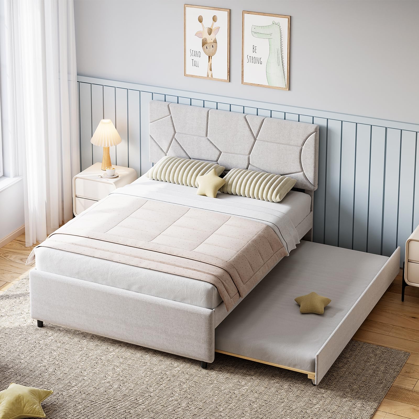 Trundle Bed Twin, Queen Size Upholstered Platform Bed Frame