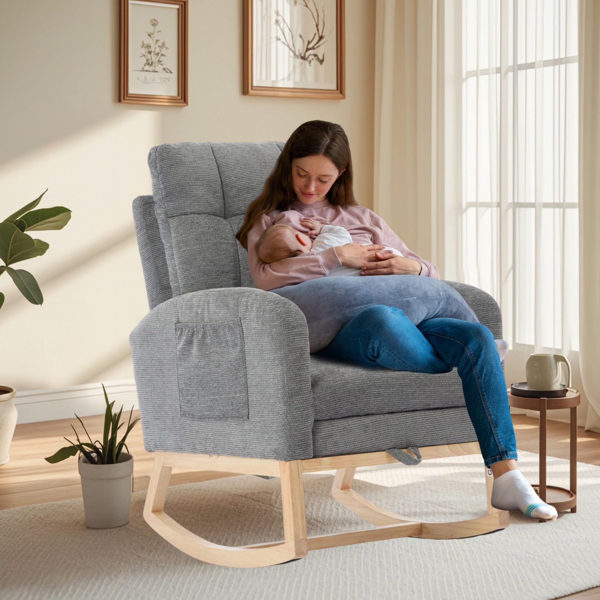 Nursery Rocking Chair with Adjustable Footrest and Side Pockets