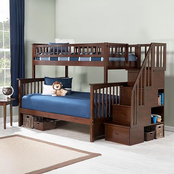 Columbia Twin Over Full Size Staircase Bunk Bed with Charging Station in Walnut
