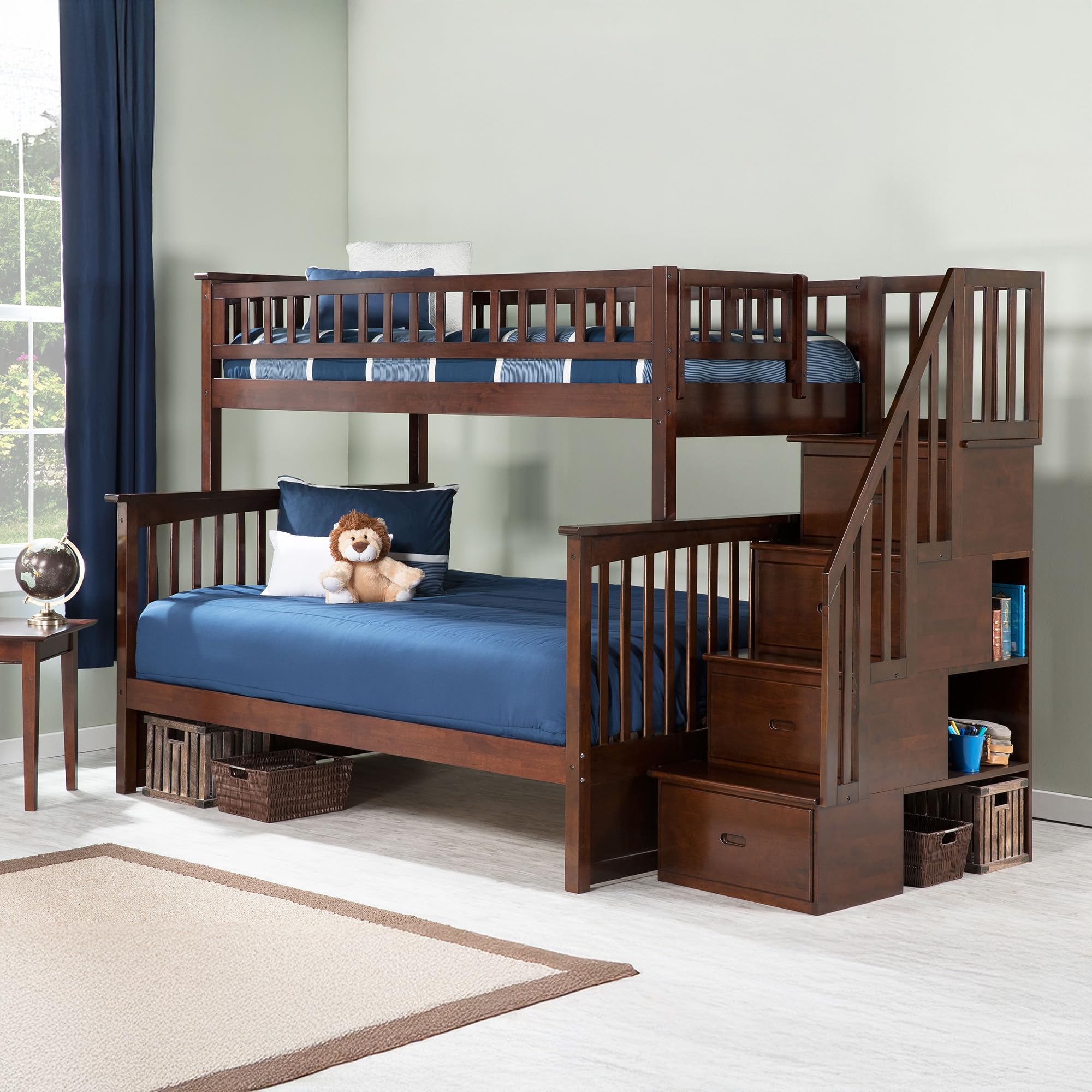 Columbia Twin Over Full Size Staircase Bunk Bed with Charging Station in Walnut