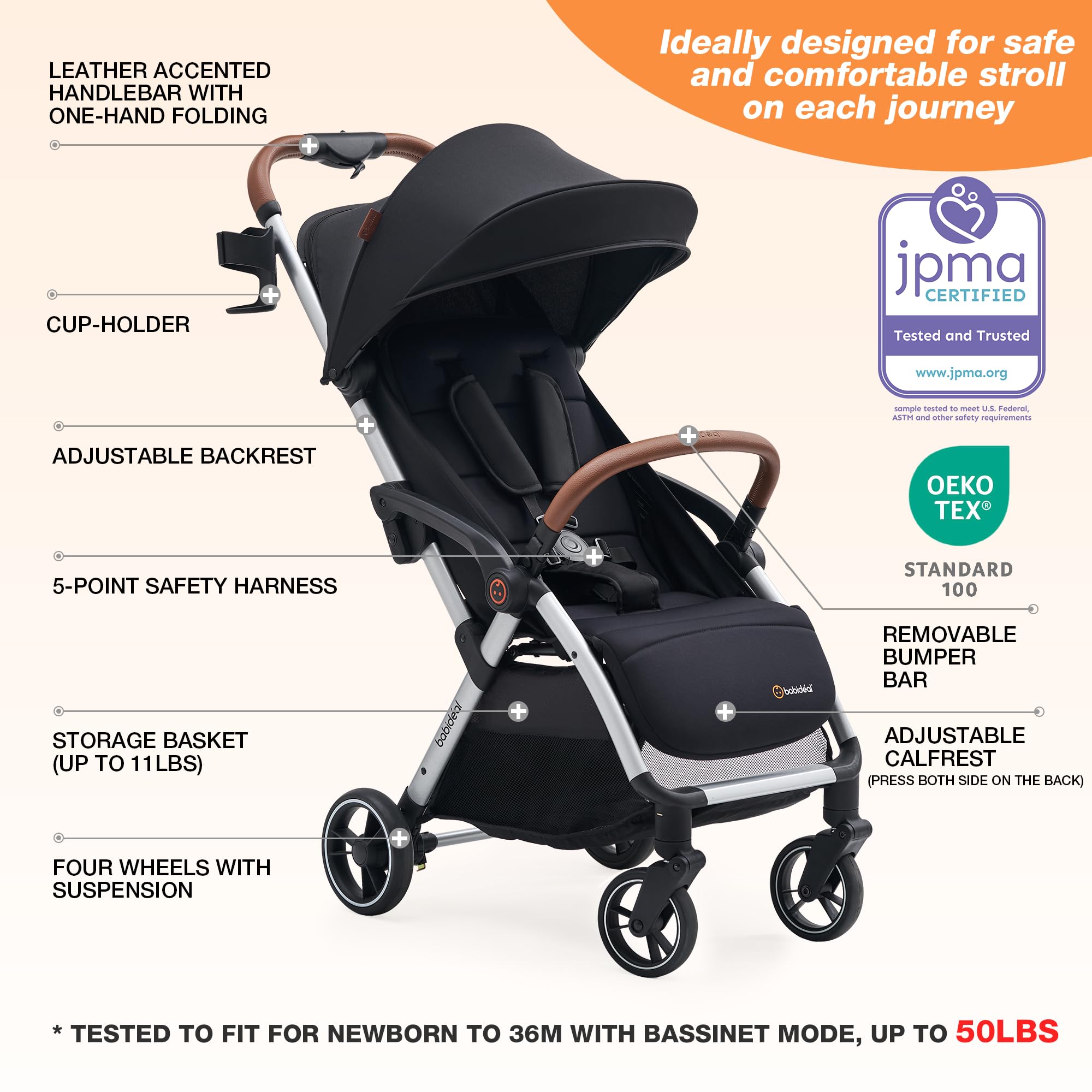 Lightweight Travel Stroller for Baby, Self-Folding Toddler Stroller with Large Canopy