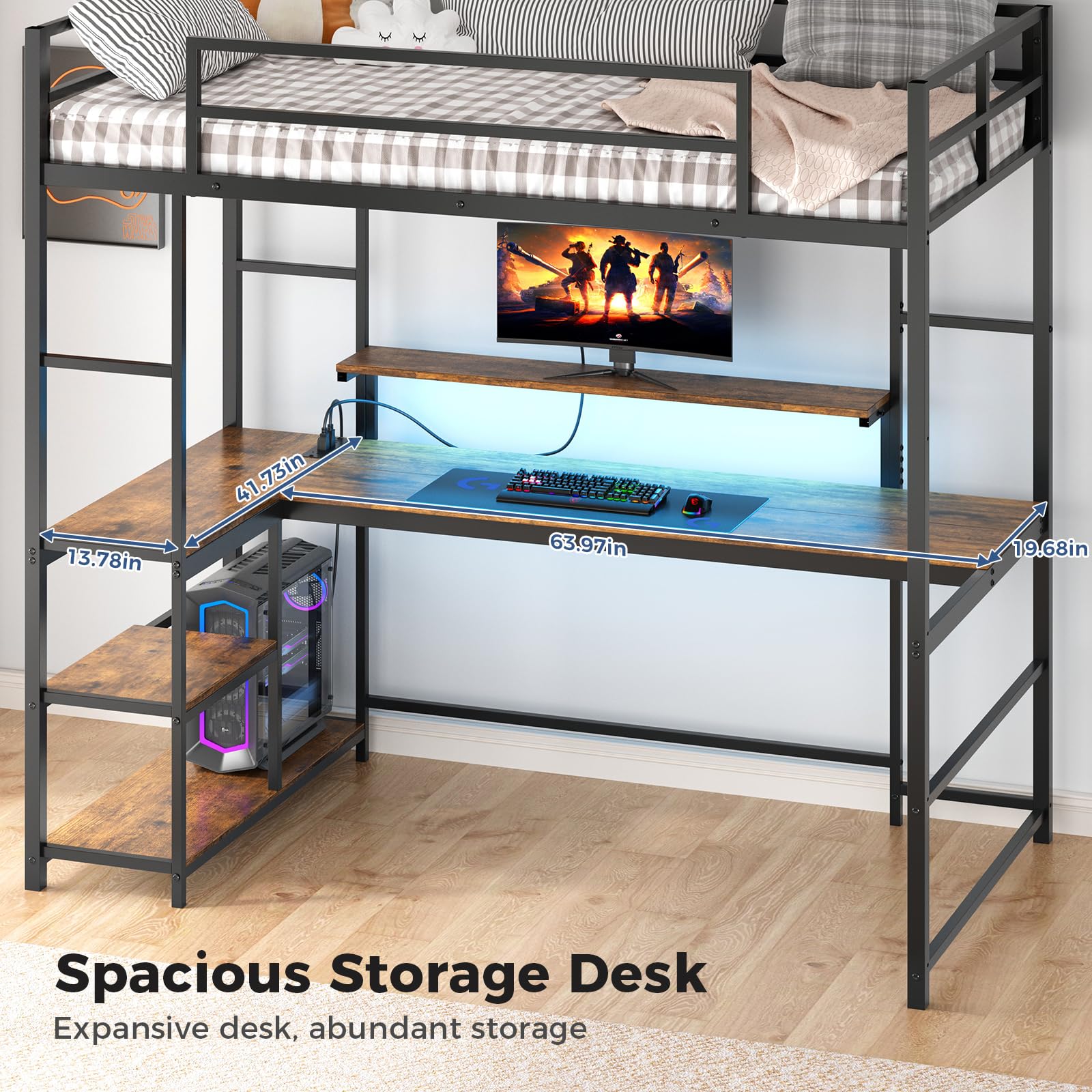 Twin Loft Bed with Large Desk and LED Lights