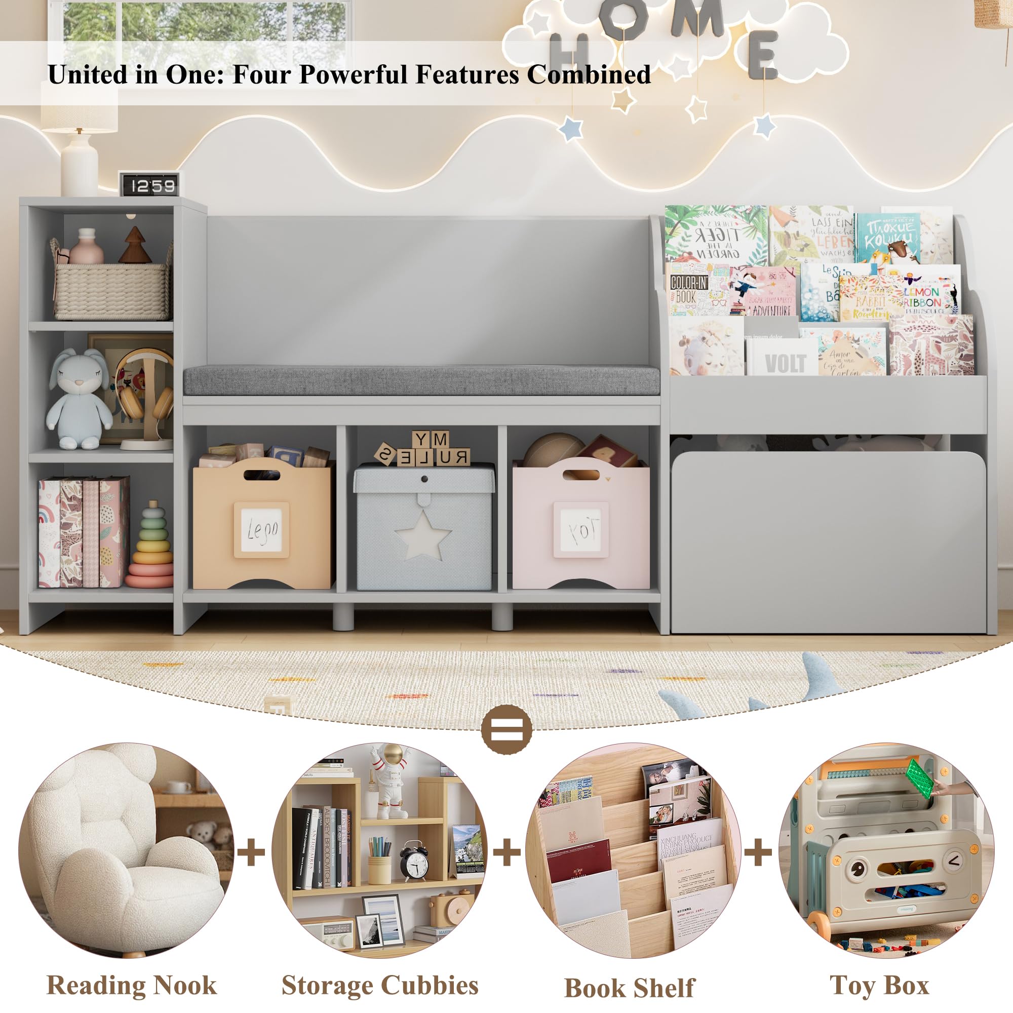 Kids Reading Nook with Bench and Toy Storage Organizer