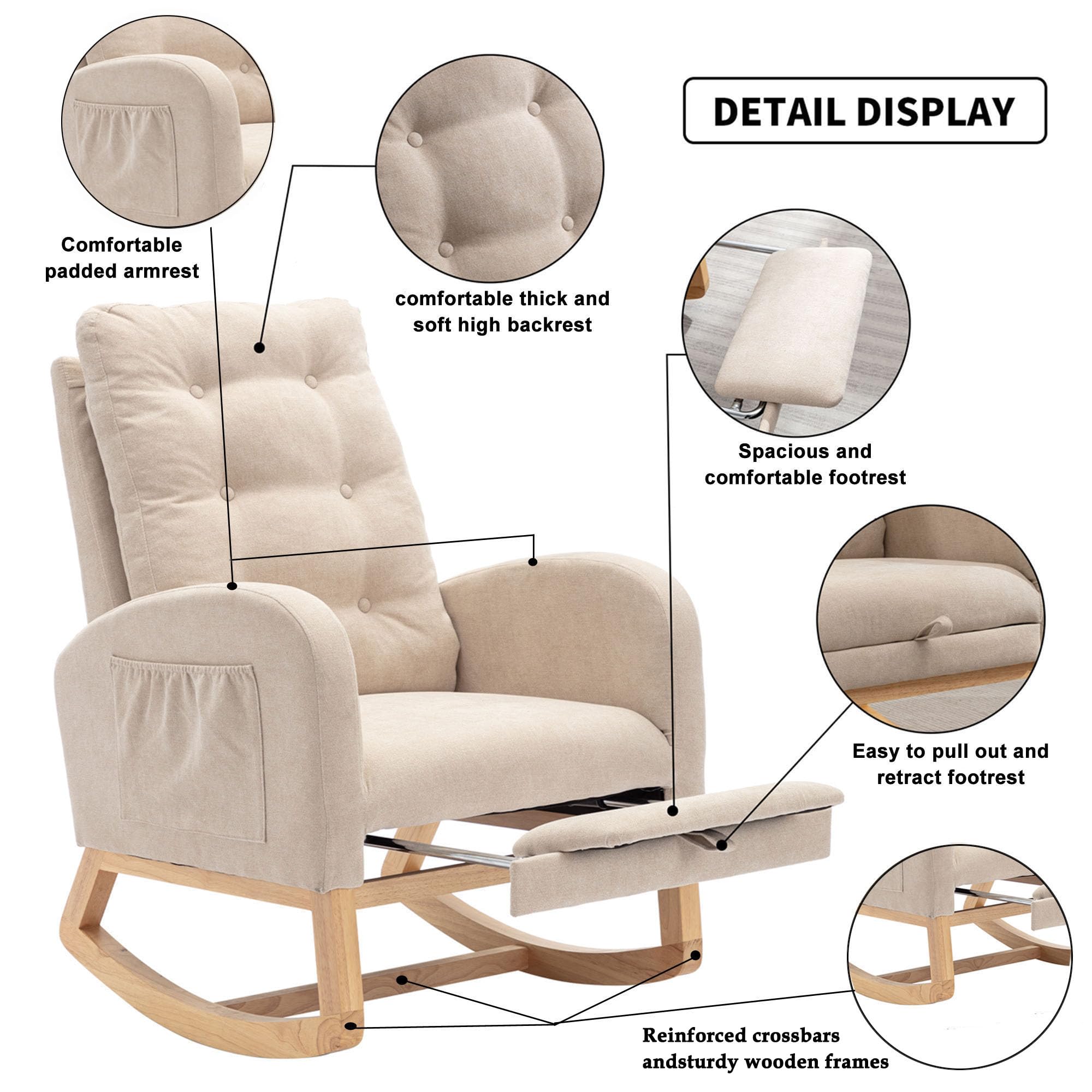 Nursery Rocking Chair with Footrest and Side Pocket