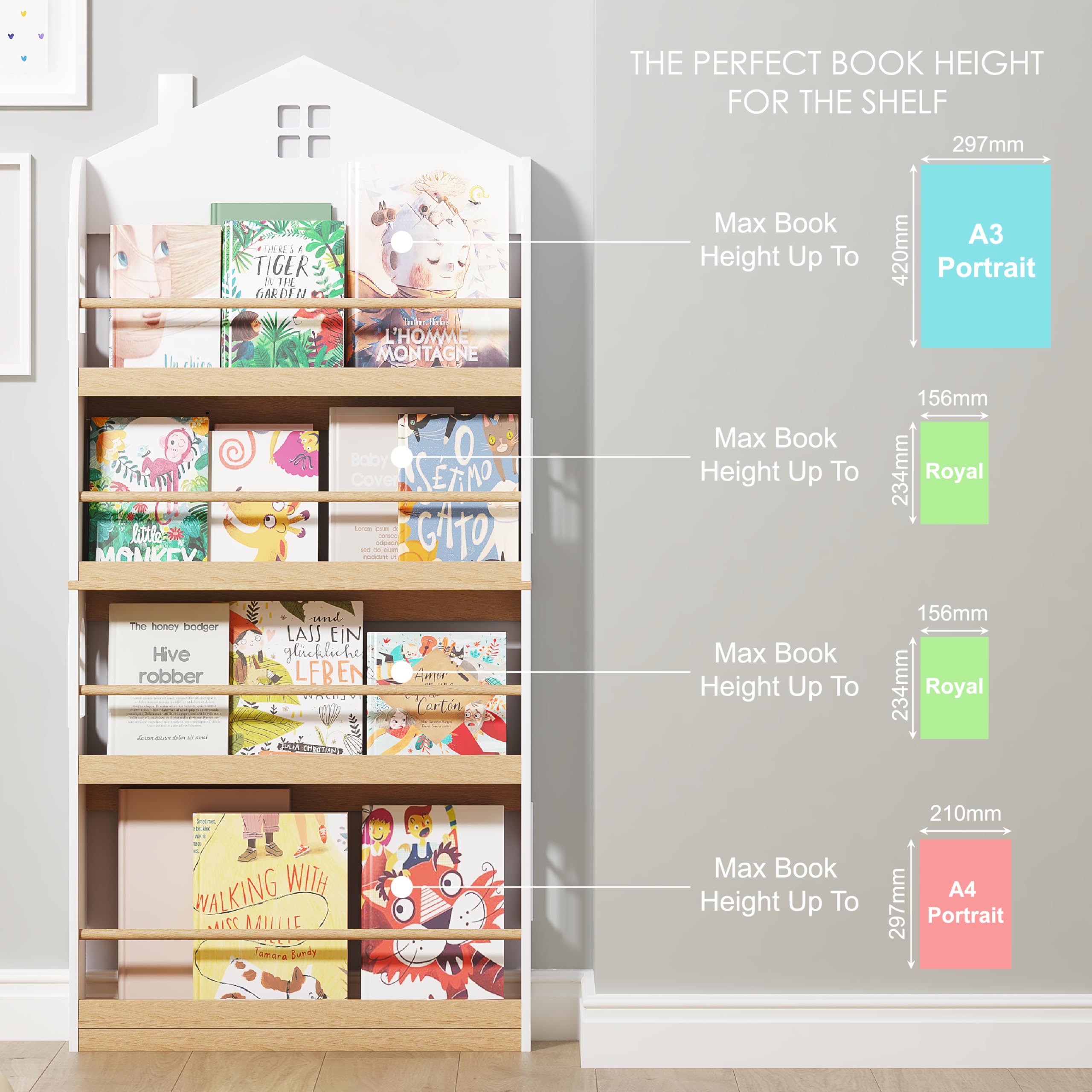 Wall Mounted Kids Bookshelf 4-Tier Storage Organizer