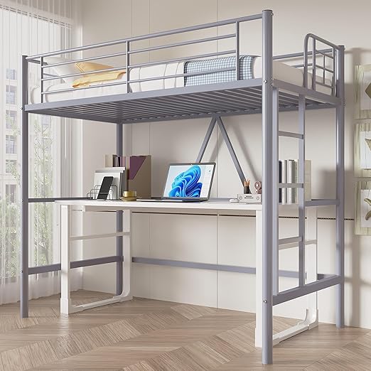 Loft Bed Twin Size, Metal Bedframe with Removable Ladder and Safety Guardrail