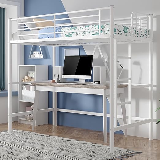 Loft Bed Twin Size, Metal Bedframe with Removable Ladder and Safety Guardrail
