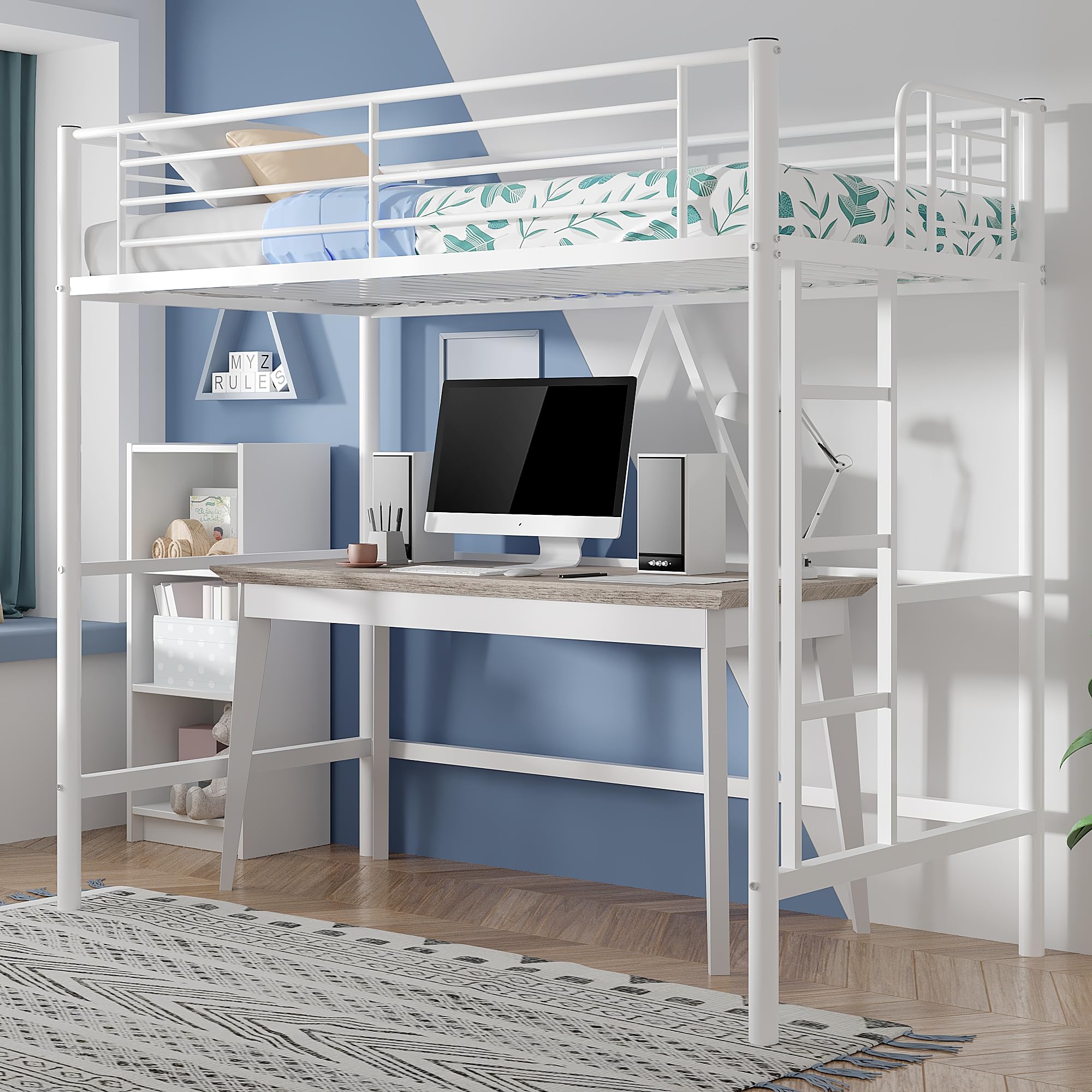 Loft Bed Twin Size, Metal Bedframe with Removable Ladder and Safety Guardrail