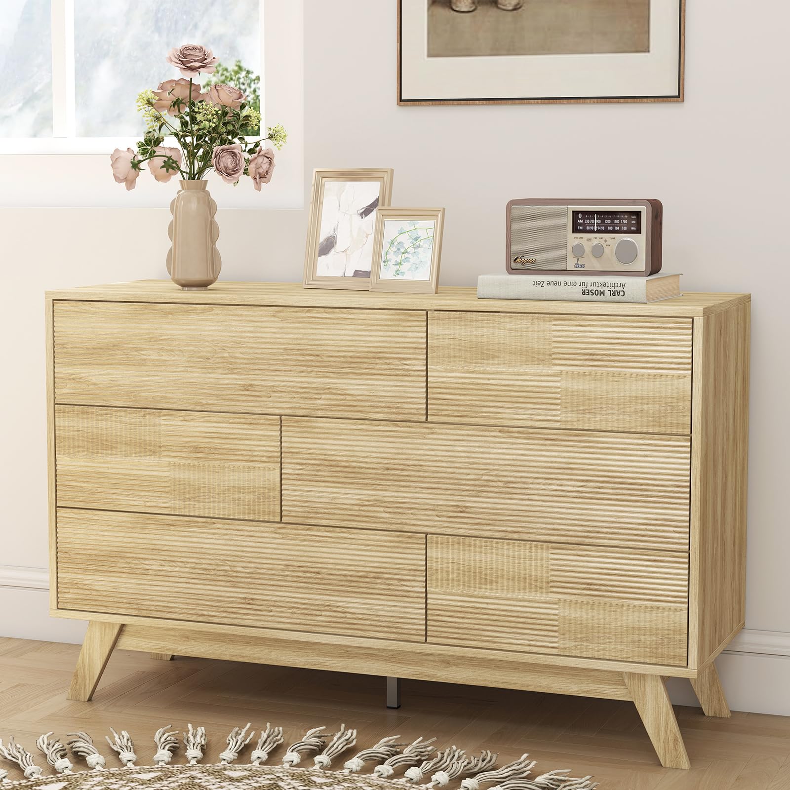 Fluted 6-Drawer Dresser for Bedroom 47 Inch Wide Handleless Chest