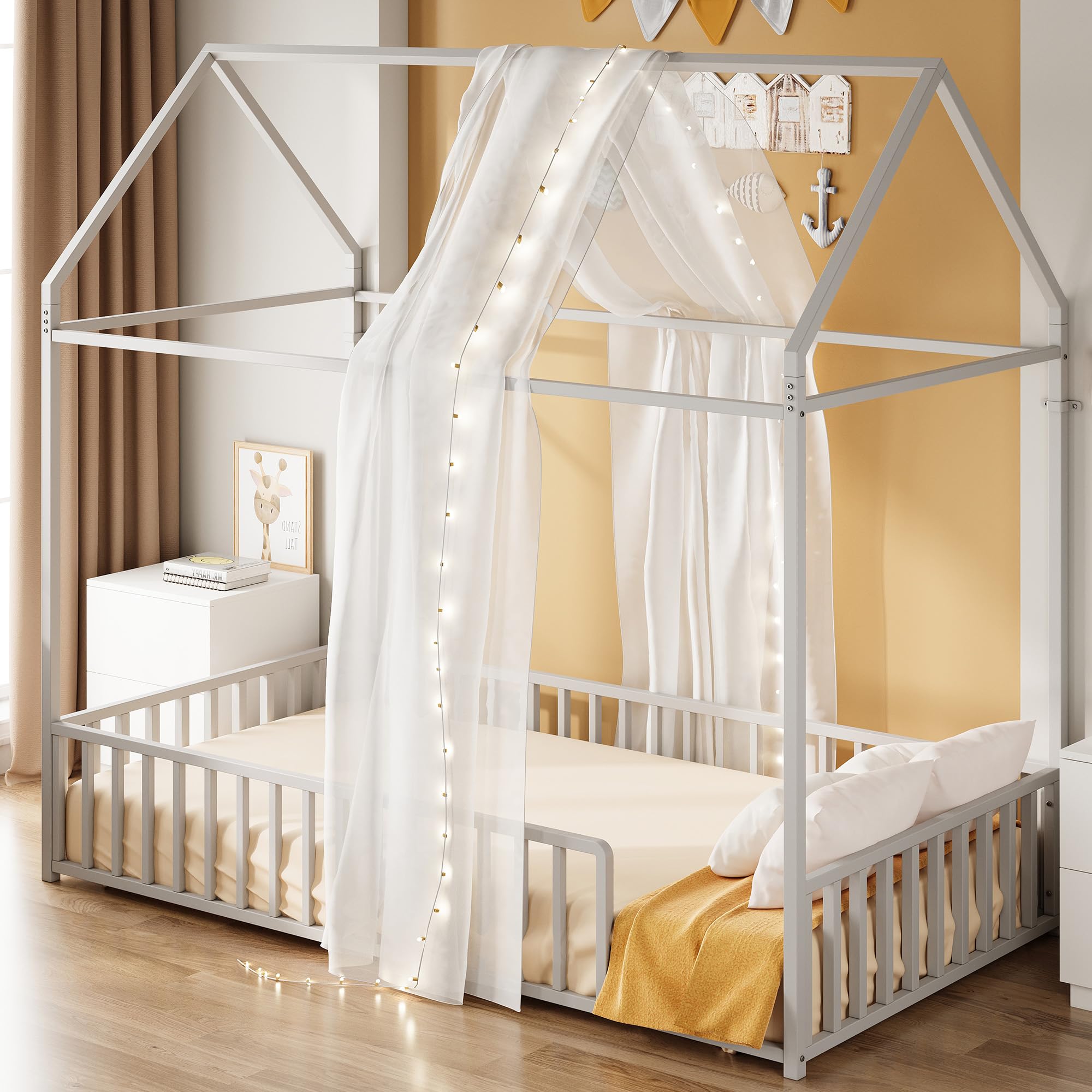Twin Floor Bed Frame with Roof & Fence Guardrails Metal House Bed for Bedroom