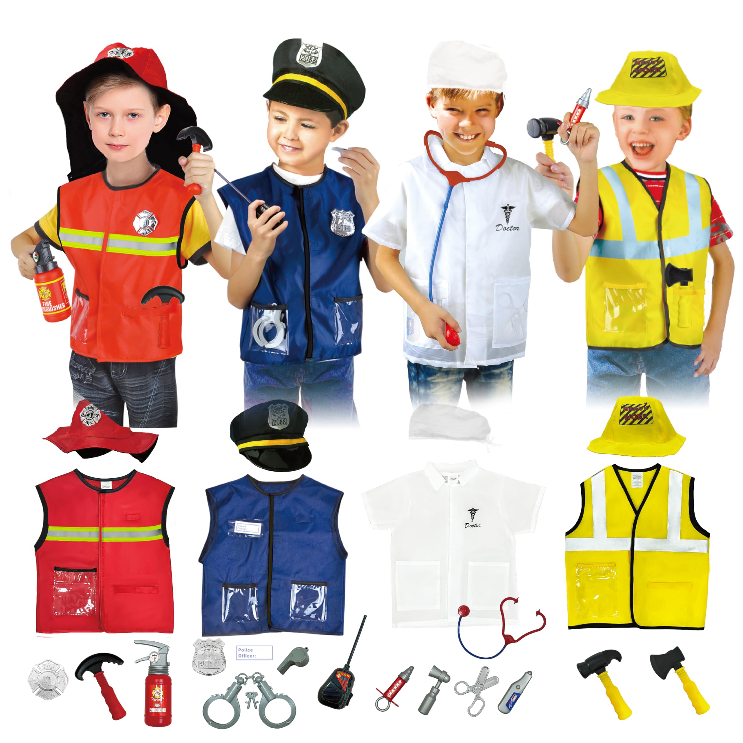 4 Sets Dress Up Clothes for Kids, Pretend Dress Up Trunk of Firefighter