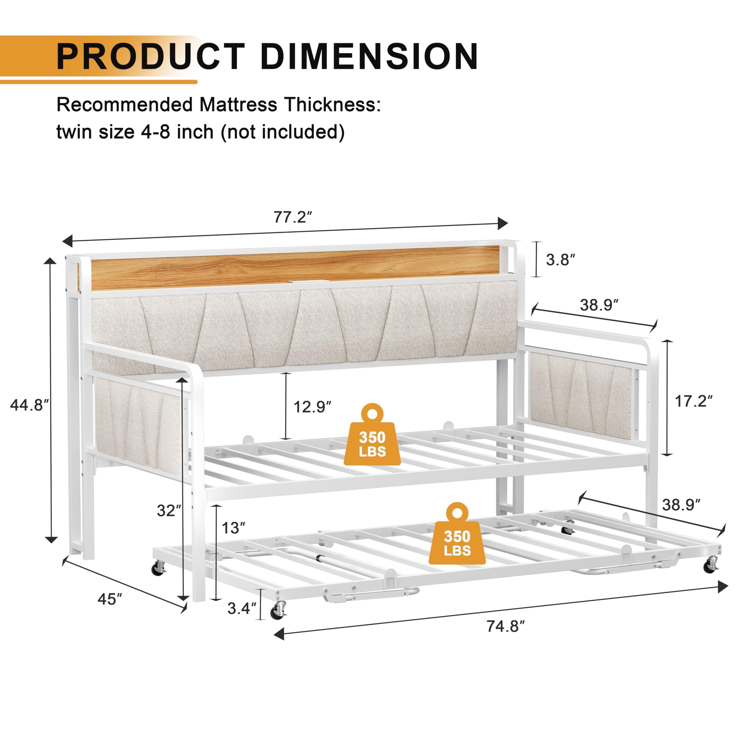 Twin Daybed with Trundle and Upholstered Headboard