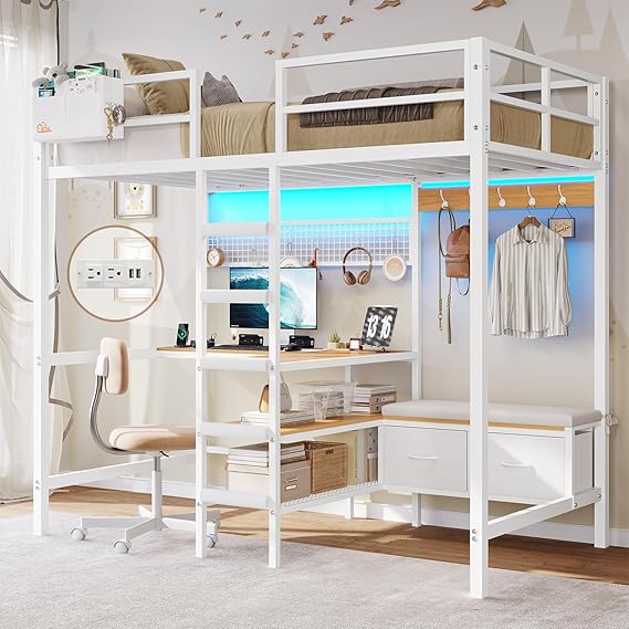 Twin Loft Bed with L-Shaped Desk, Storage Shelves and Charging Station
