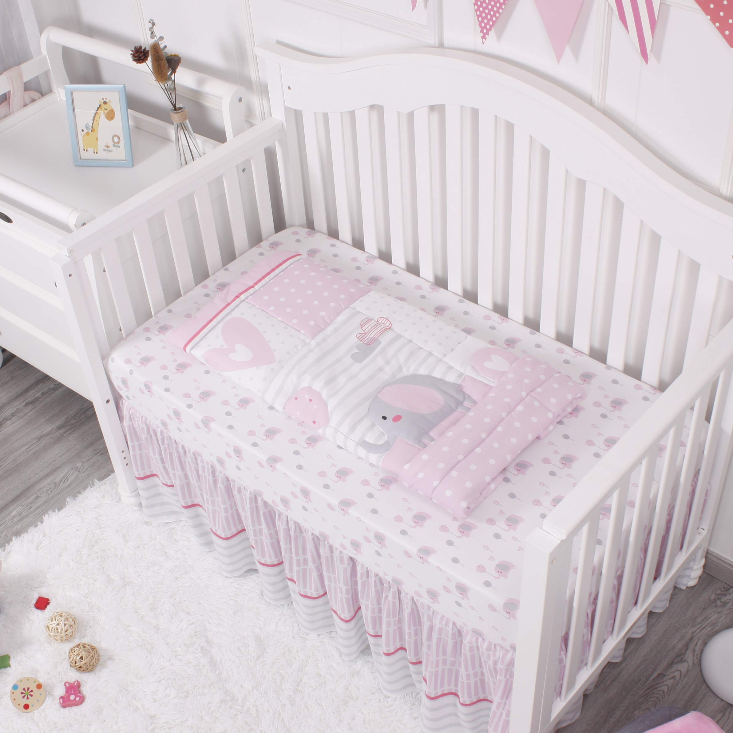 Baby Crib Bedding Set for Girls, Pink Elephant & Love Balloons 3 Piece