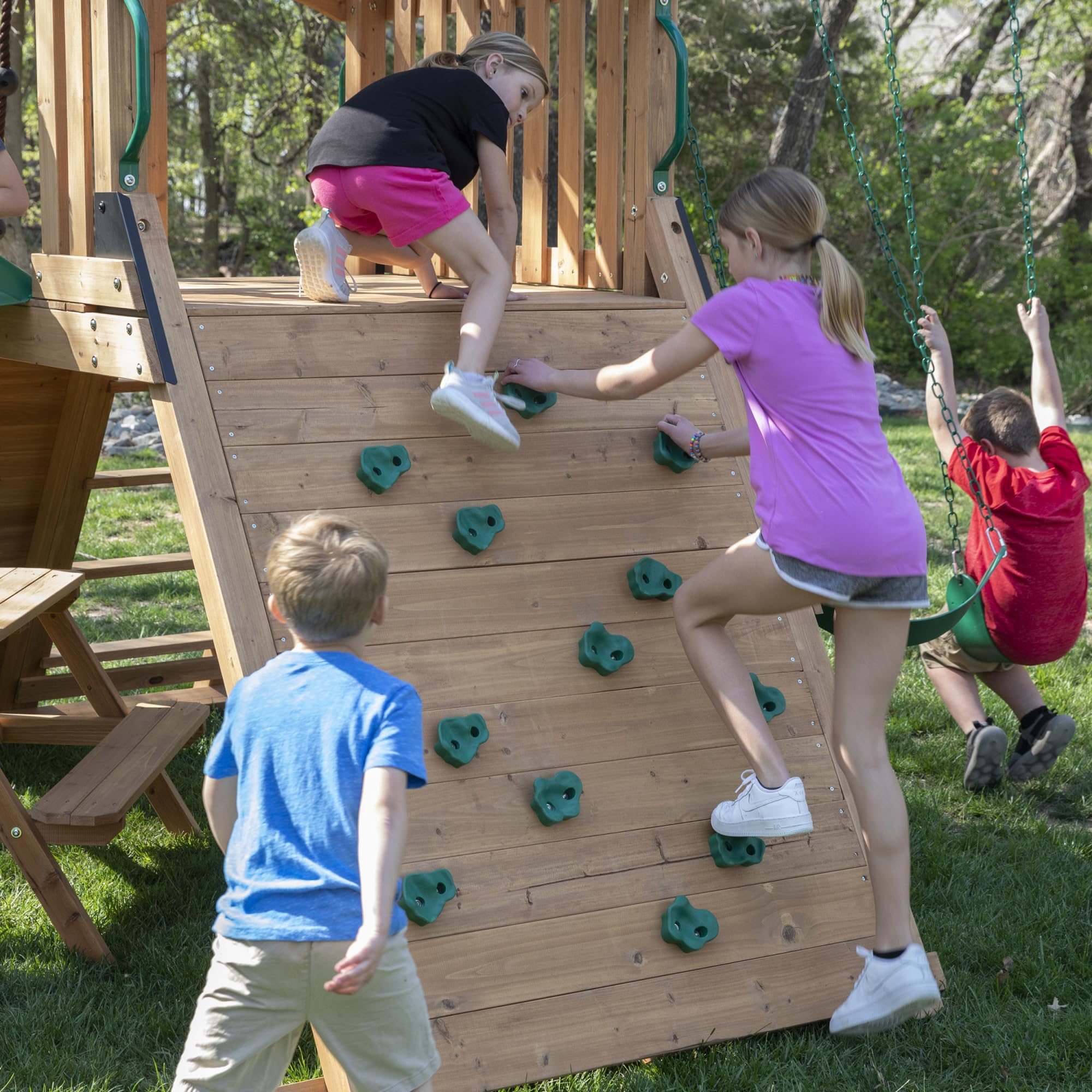 Cedar Wood Swing Set with Wave Slide and Rock Wall
