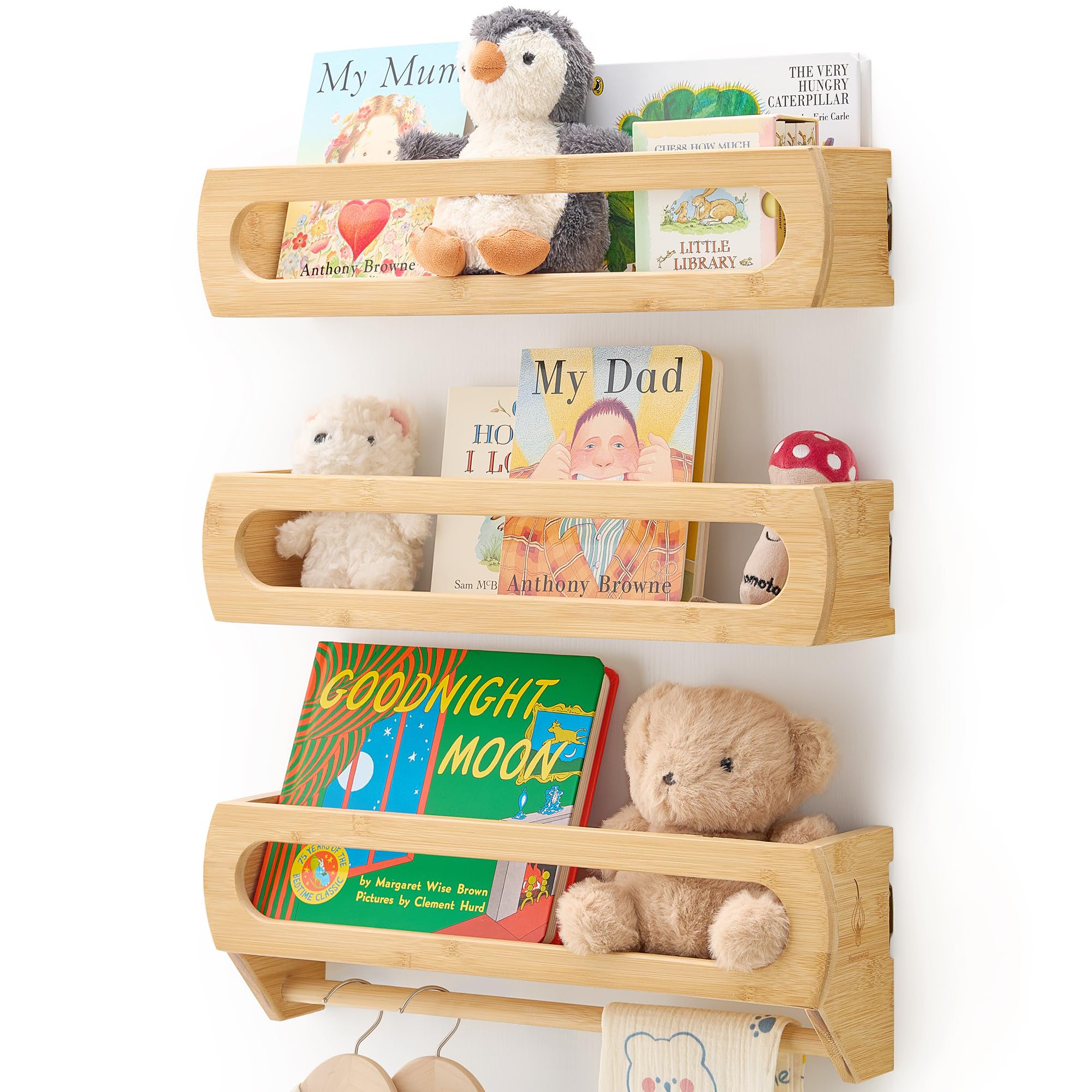 Premium Bamboo Nursery Floating Shelves Set of 3 with Hanging Rod
