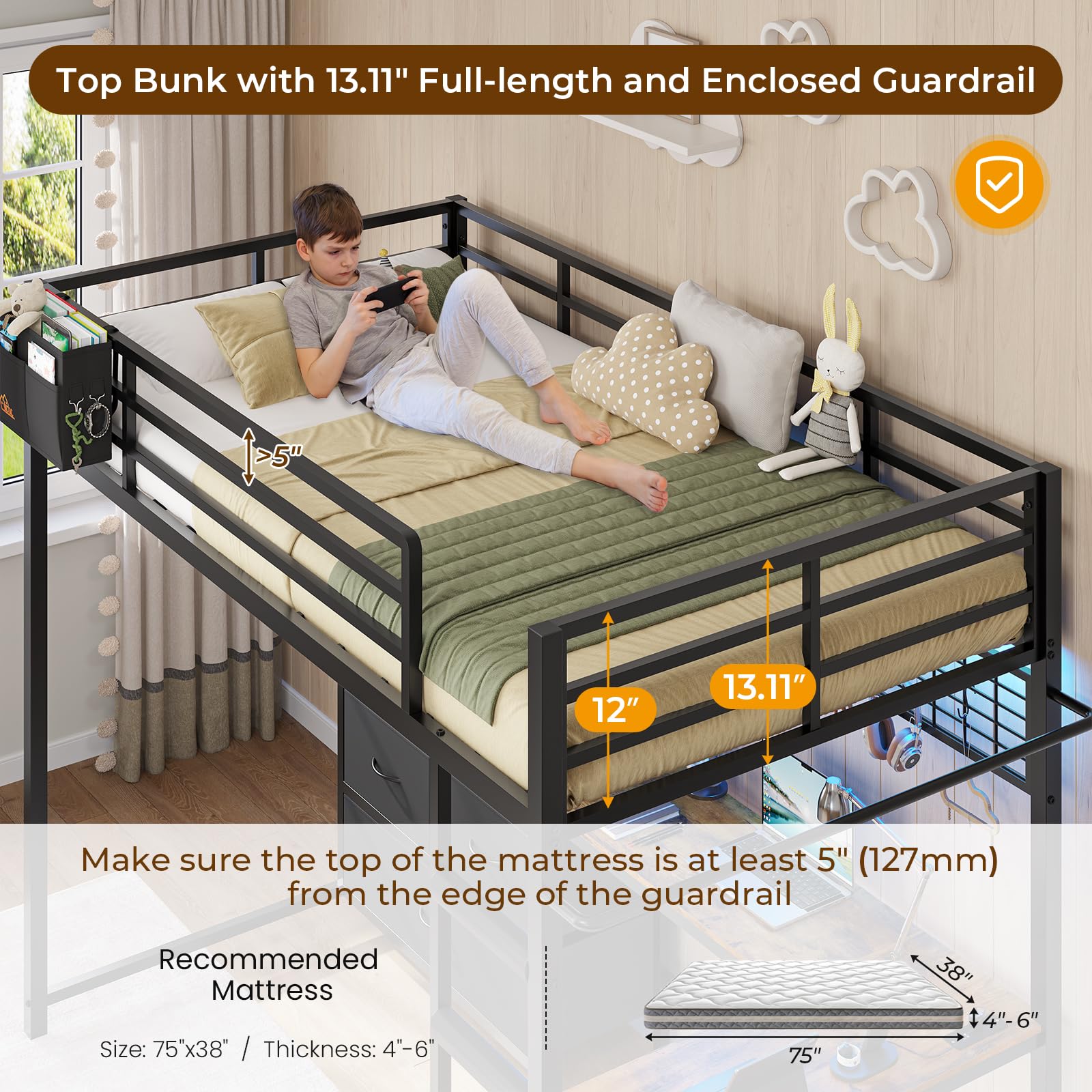 Twin Loft Bed with L-Shaped Desk and Storage Drawers