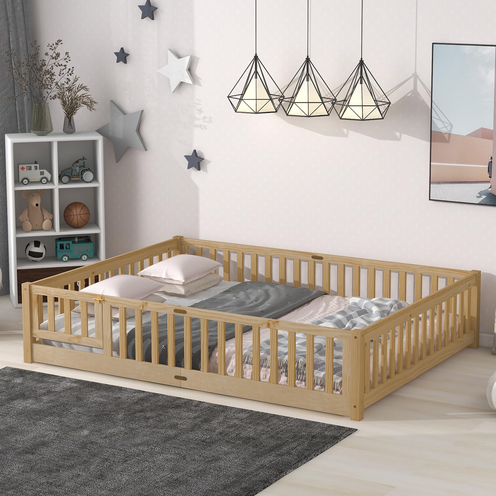 Queen Size Montessori Floor Bed with Guardrails
