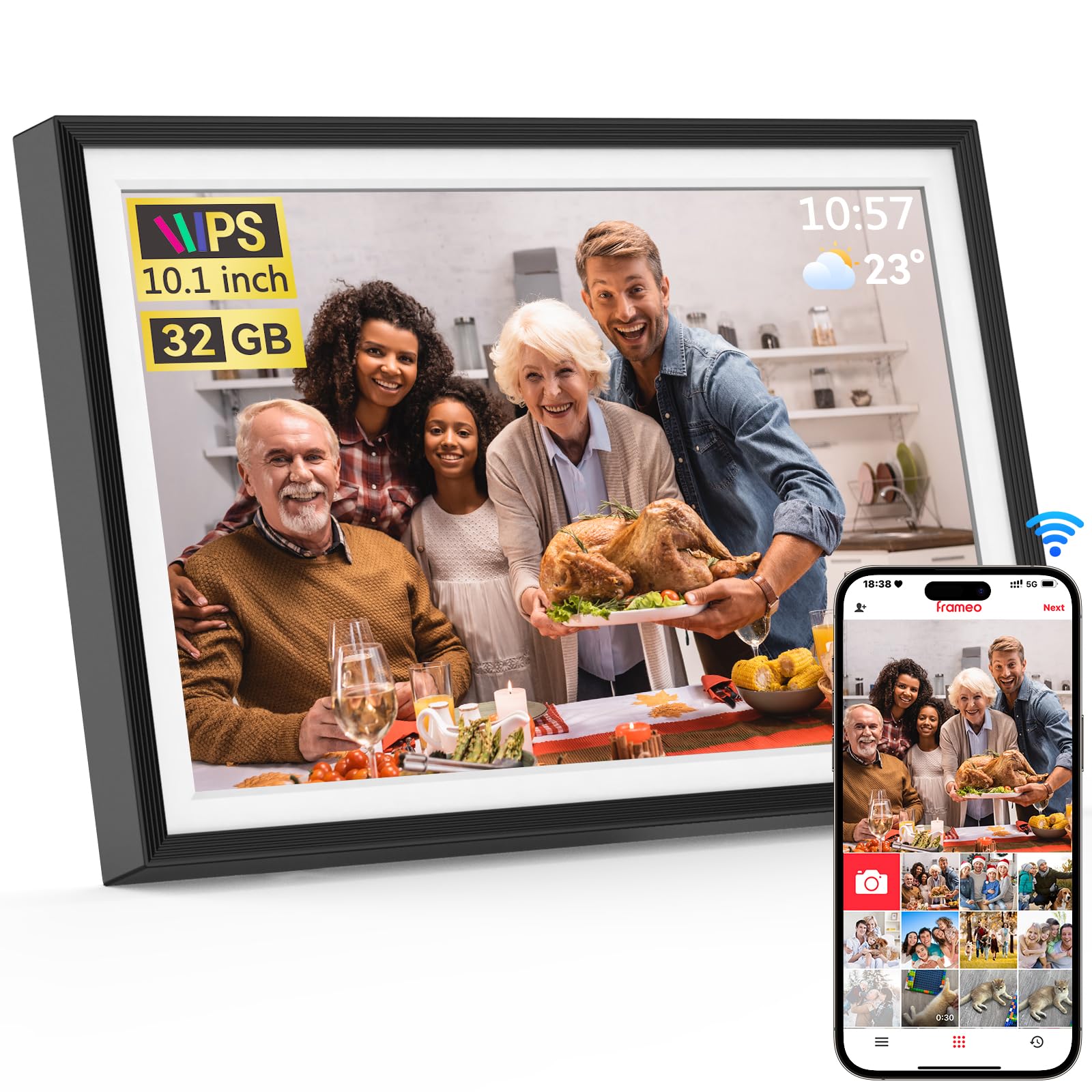 QOCEN Frameo 10.1 inch Digital Picture Frame, Smart WiFi Digital Photo Frame with 32G Memory, HD Touch Screen, Auto-Rotate, Slideshow, Easy Setup, Share Photos and Videos Anywhere