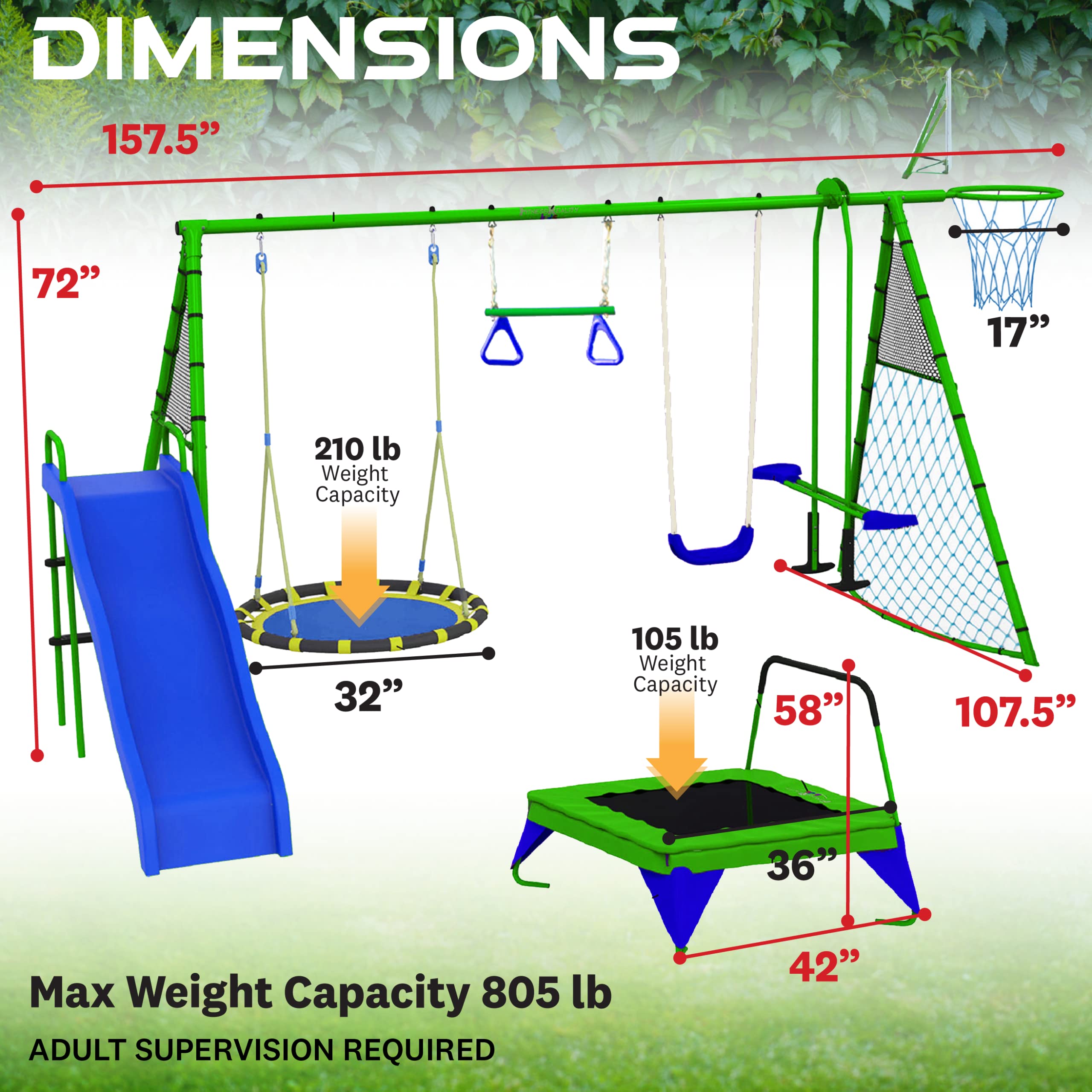 8-Station Outdoor Playground Set with Swing Slide Trampoline