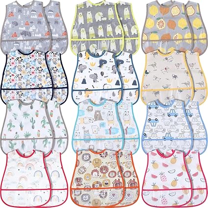 24 Pcs Baby Waterproof Bibs with Food Catcher Adjustable Snaps Plastic