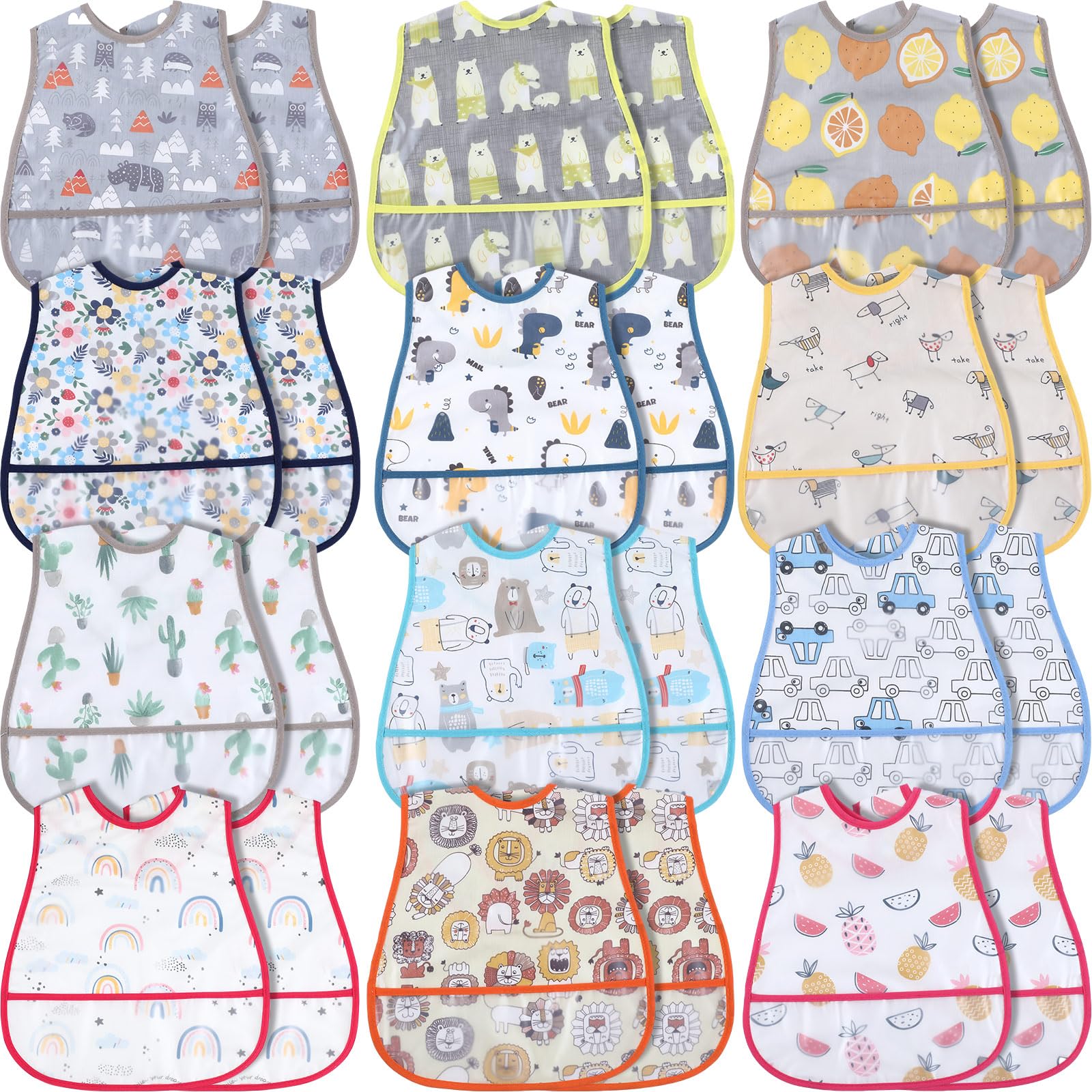 24 Pcs Baby Waterproof Bibs with Food Catcher Adjustable Snaps Plastic