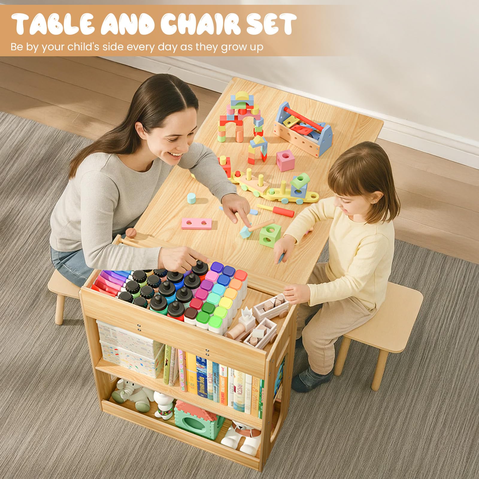 Kids Art Table and 2 Chairs Set with Storage