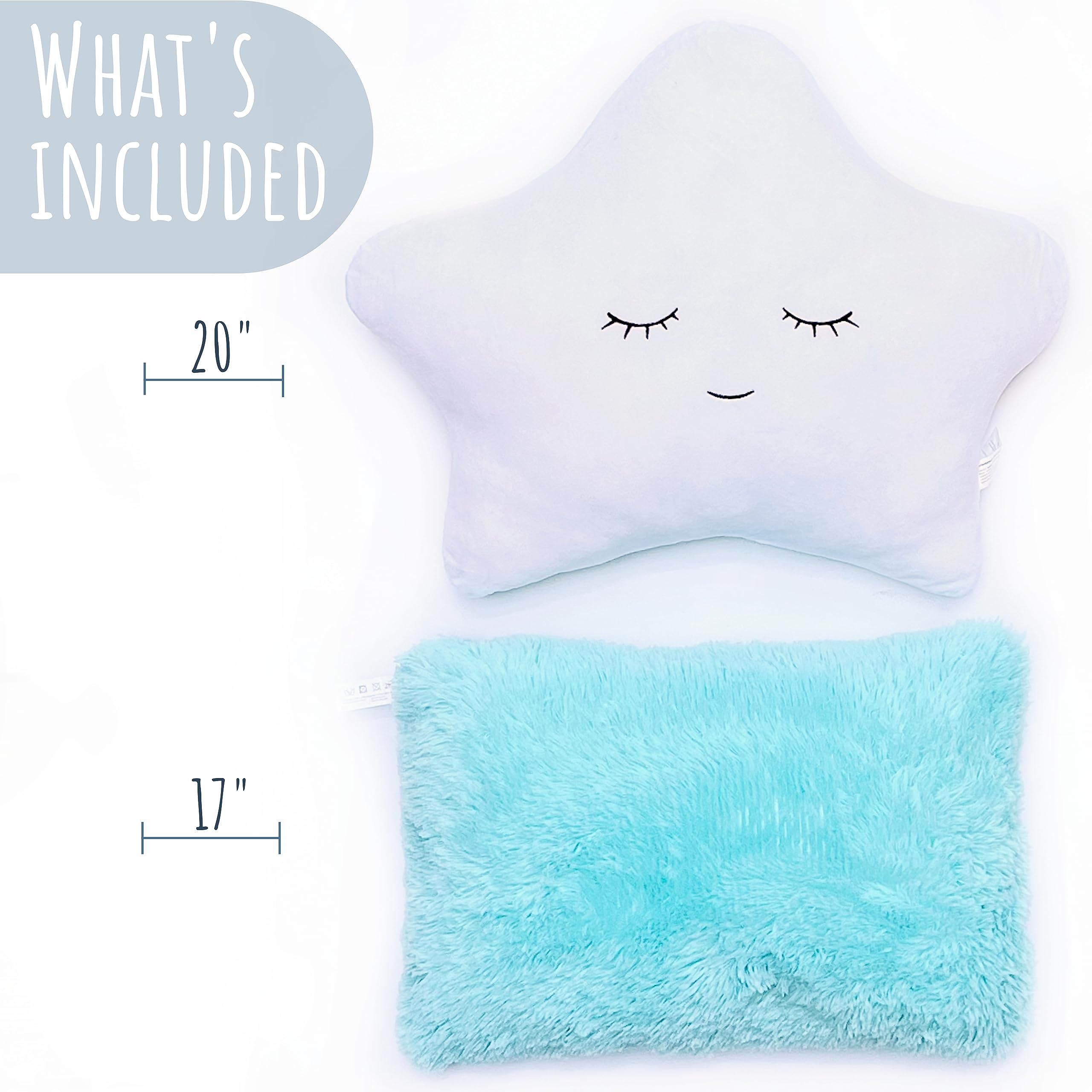 Perfectto Design Set of 2 Kid’s Decorative Pillows for Girls Toddler Room - Fluffy White Star Pillow and Aqua Teal Plush Pillow, Soft Girls Pillows Cute Kid’s Throw Pillows for Bed, Bedroom