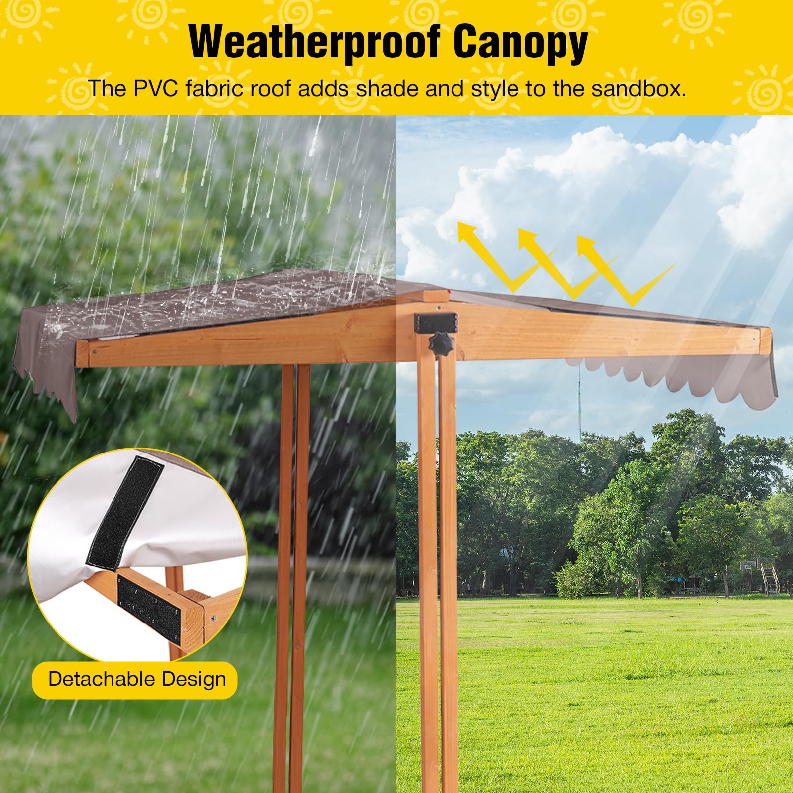 Wooden Sandbox with Canopy and Foldable Bench Seats